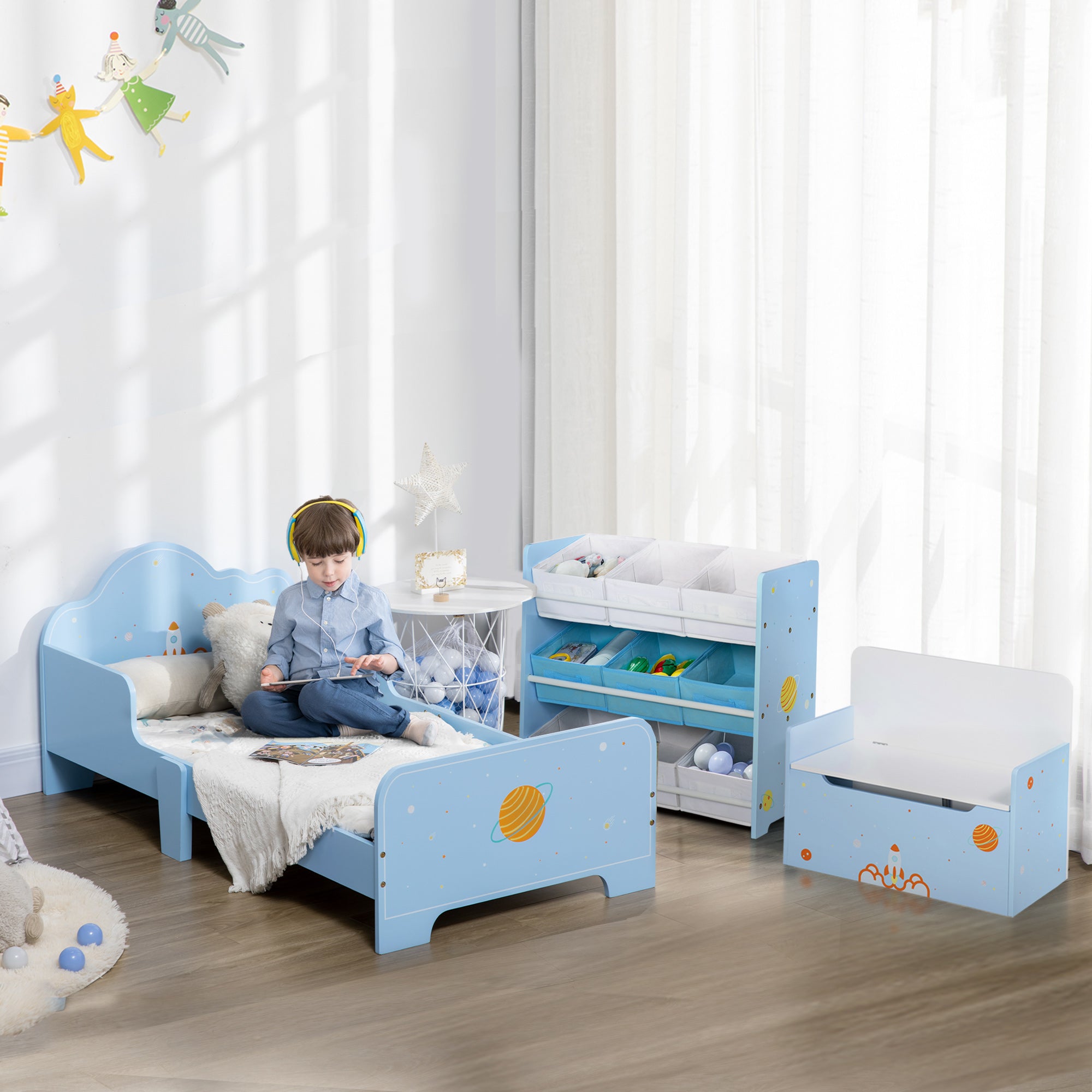 3PCs Kids Bedroom Furniture Set with Bed, Toy Box Bench, Storage Unit with Baskets, Space Themed, for 3-6 Years Old, Blue