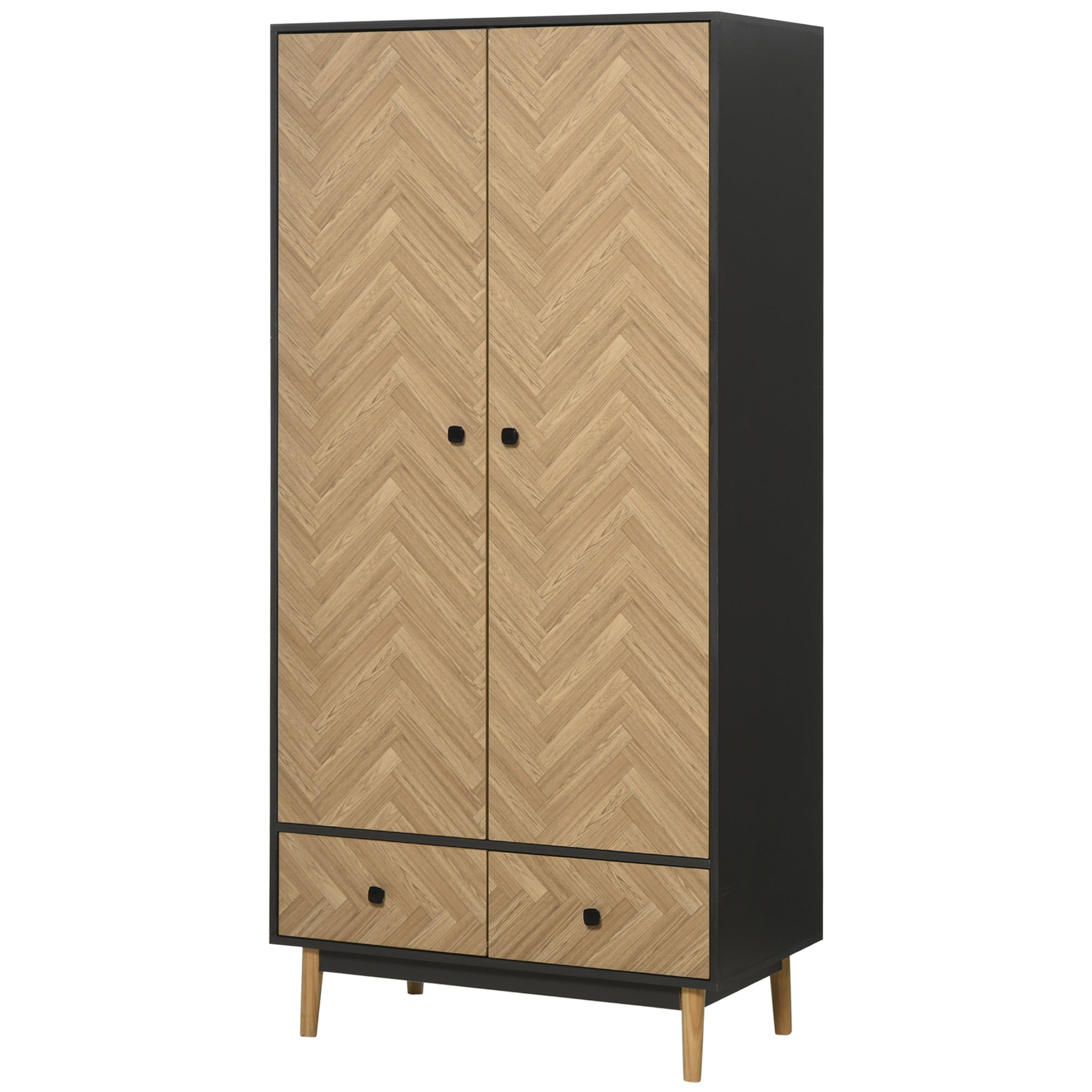 Modern Wardrobe Cabinet Wood Grain Sticker Surface with Shelf, Hanging Rod and 2 Drawers 90x50x190cm