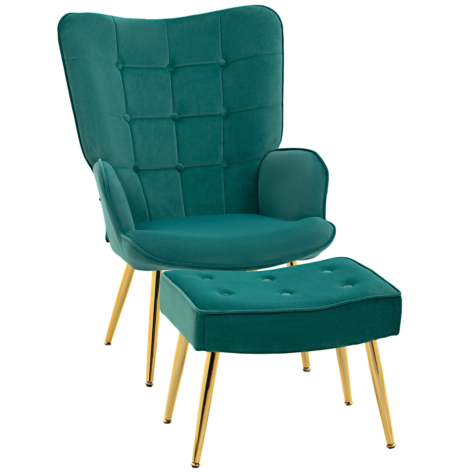 Upholstered Armchair w/ Footstool Set, Modern Button Tufted Accent Chair w/ Gold Tone Steel Legs, Wingback Chair, Dark Green