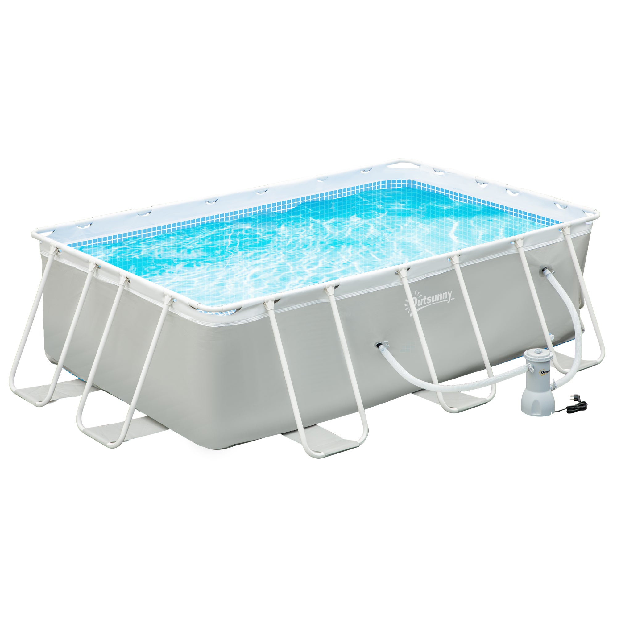 Steel Frame Pool with Filter Pump, Outdoor Rectangular Frame Above Ground Swimming Pool, 340 x 215 x 80 cm, Light Grey