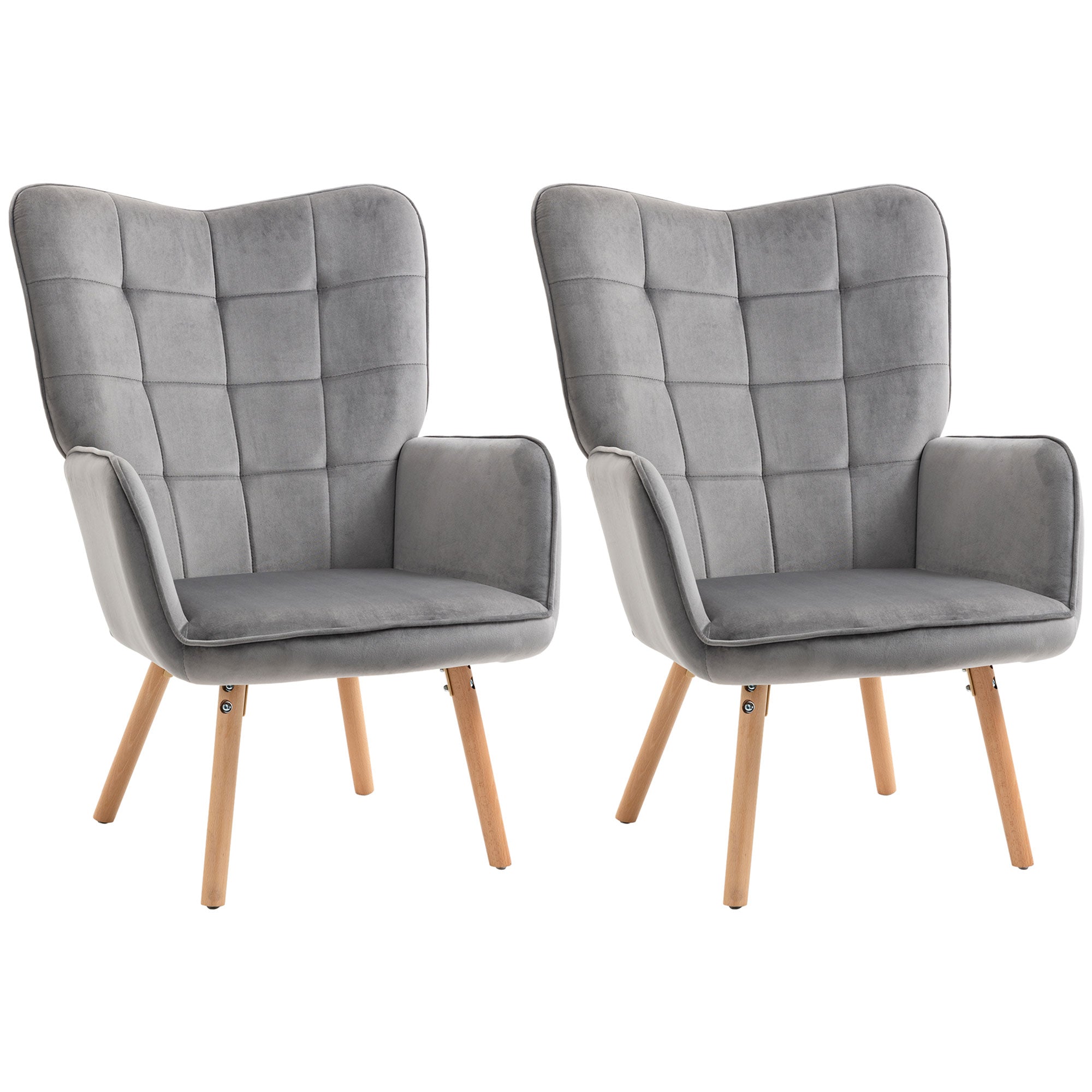 Modern Accent Chair Velvet-Touch Tufted Wingback Armchair Upholstered Leisure Lounge Sofa Club Chair with Wood Legs, Set of 2, Grey