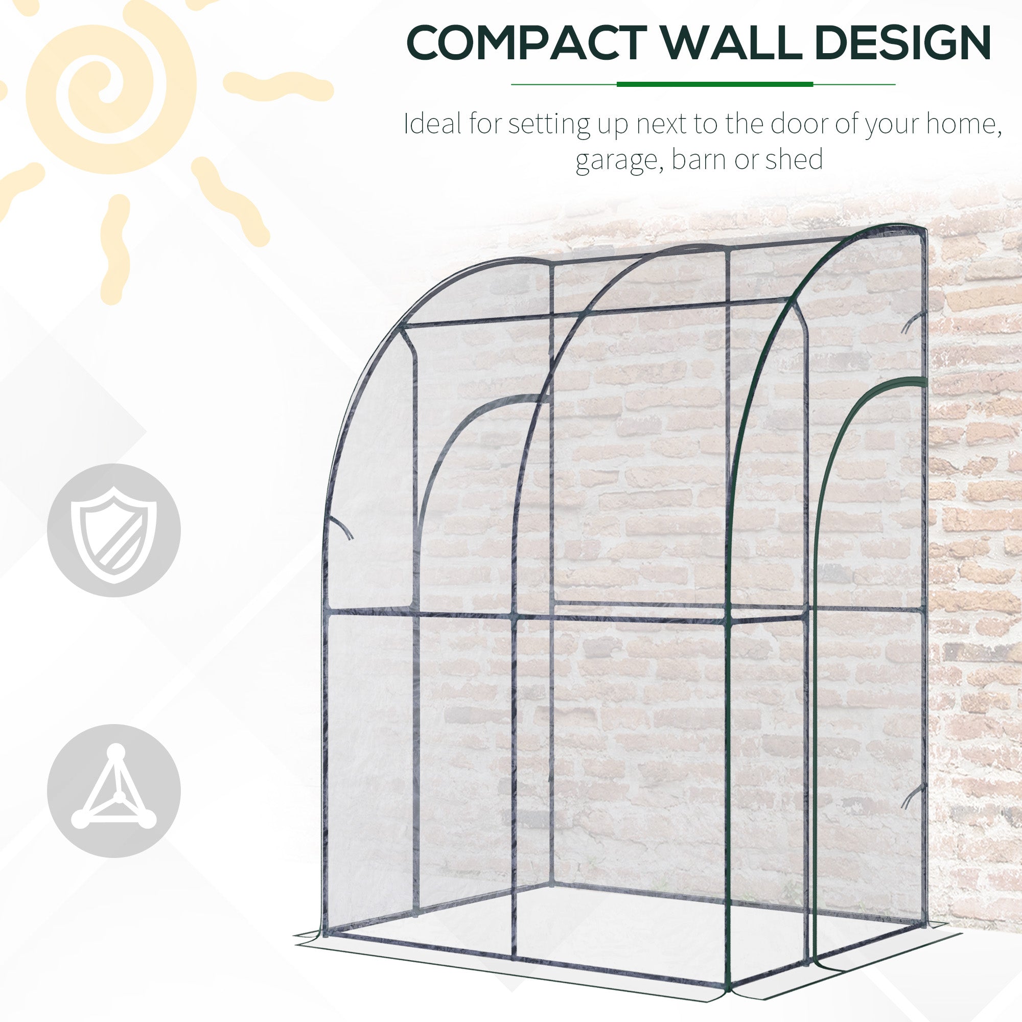 Walk-In Greenhouse Lean to Wall Tunnel Greenhouse with Zippered Roll Up Door PVC Cover Sloping Top, 143 x 118 x 212 cm