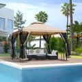 3x3m Garden Gazebo Tent with Netting and 2-Tier Roof Steel Frame - Sand