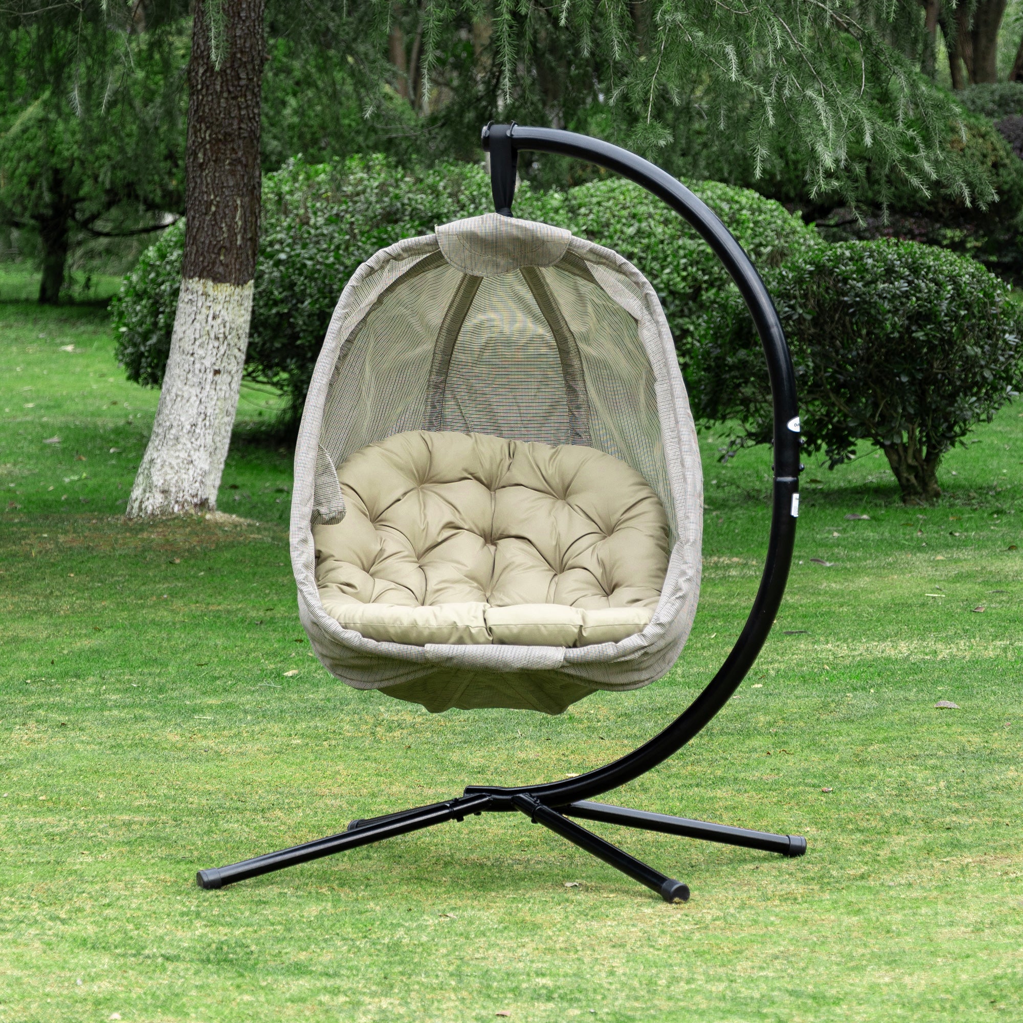 Hanging Egg Chair, Folding Swing Hammock with Cushion and Stand for Indoor Outdoor, Patio Garden Furniture, Khaki