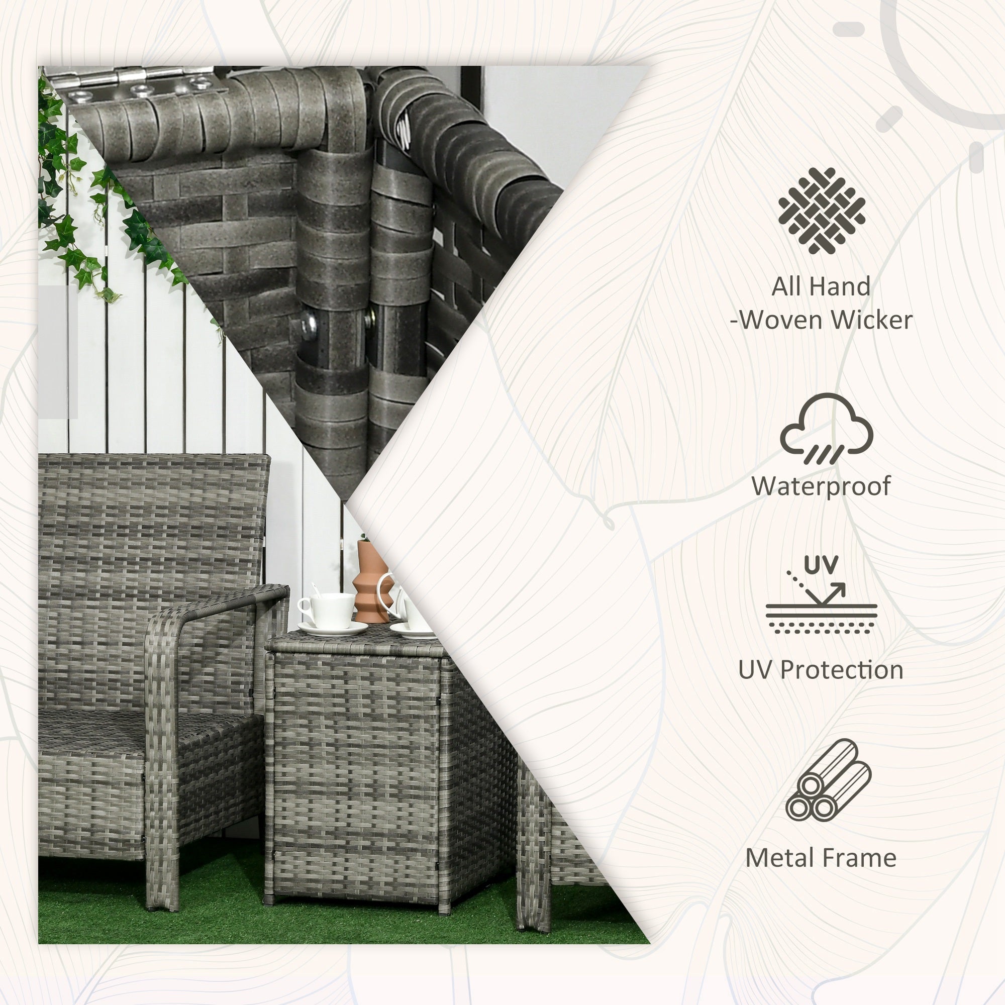 3 pcs PE Rattan Wicker Garden Furniture Patio Bistro Set Weave Conservatory Sofa Storage Table and Chairs Set Orange Cushion, Mixed Grey