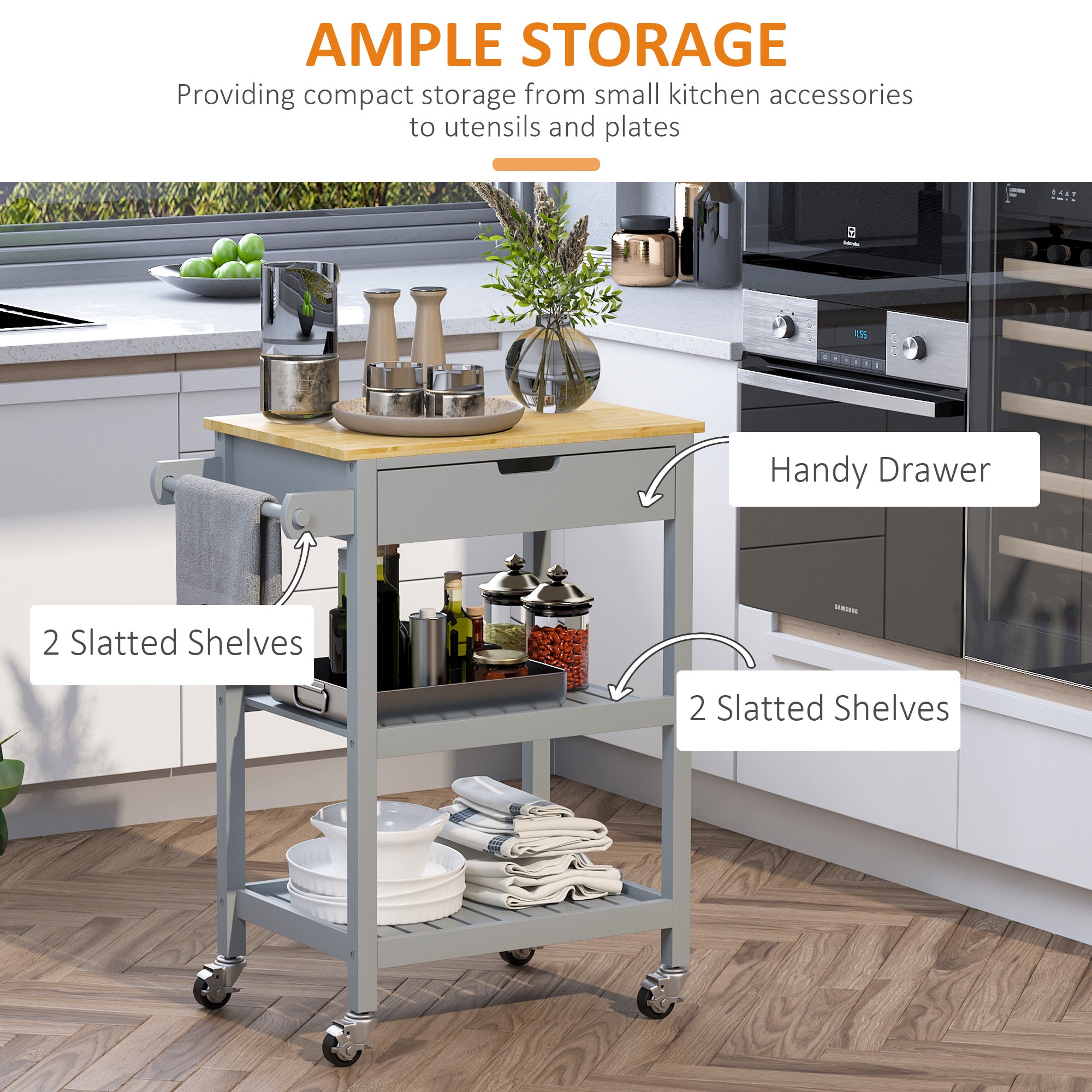 Kitchen Trolley Utility Cart on Wheels with Rubberwood Worktop, Towel Rack, Storage Shelves & Drawer for Dining Room, Grey