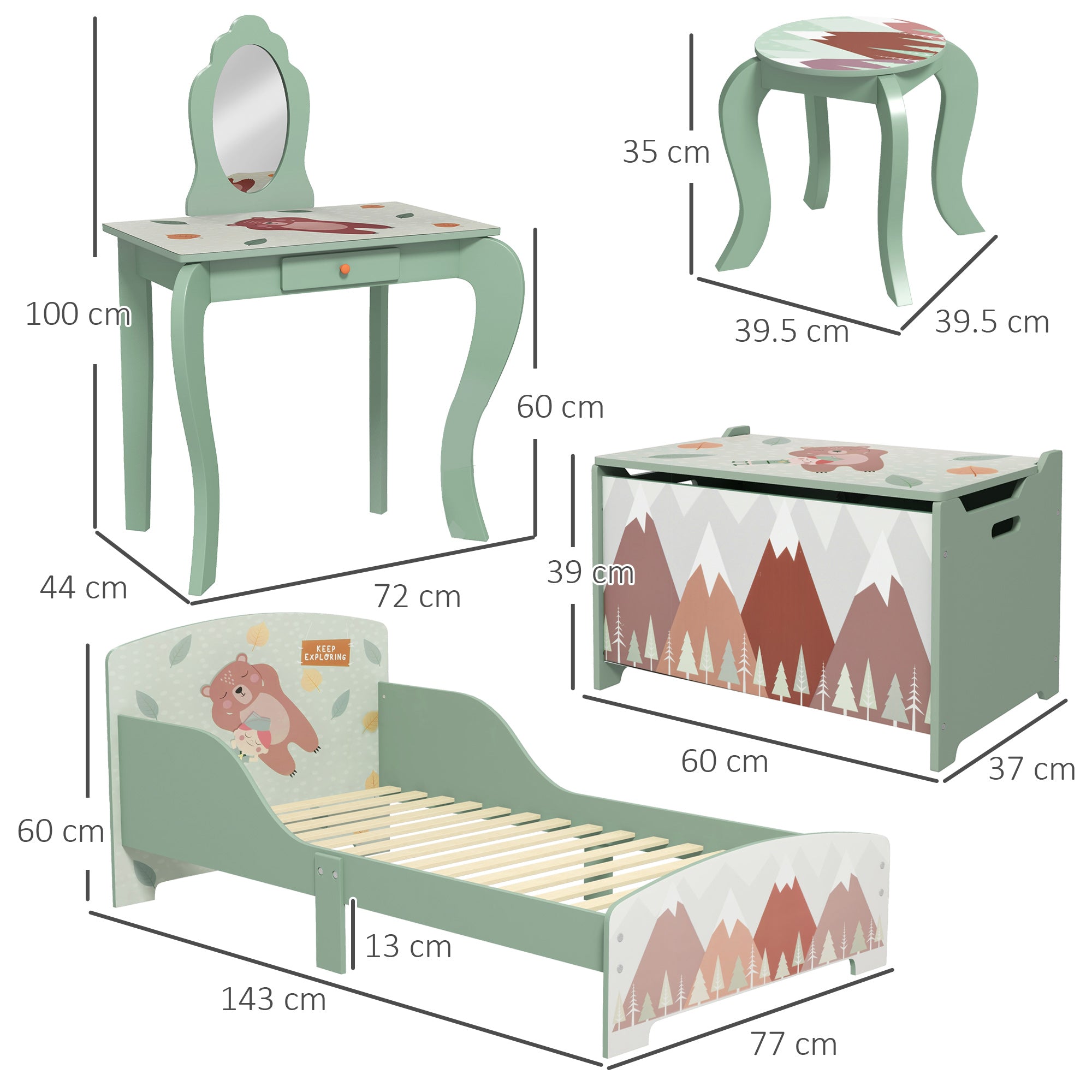 Kids Bedroom Furniture Set Includes Bed Frame, Kids Toy Chest, Dressing Table with Mirror and Stoolfor Ages 3-6 Years, Green