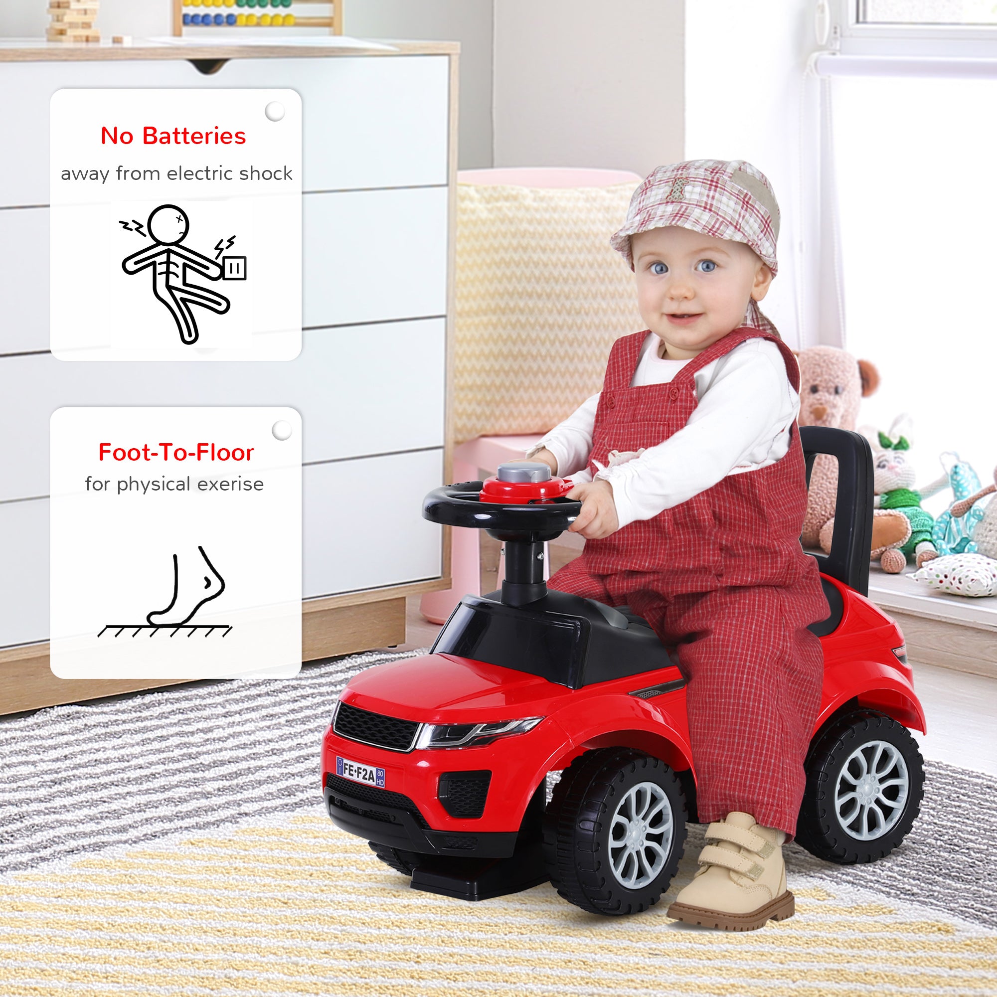 3-in-1 Ride On Car Foot To Floor Slider Toddler w/ Horn Steering Wheel NO POWER Manual Under Seat Storage Safe Design Red