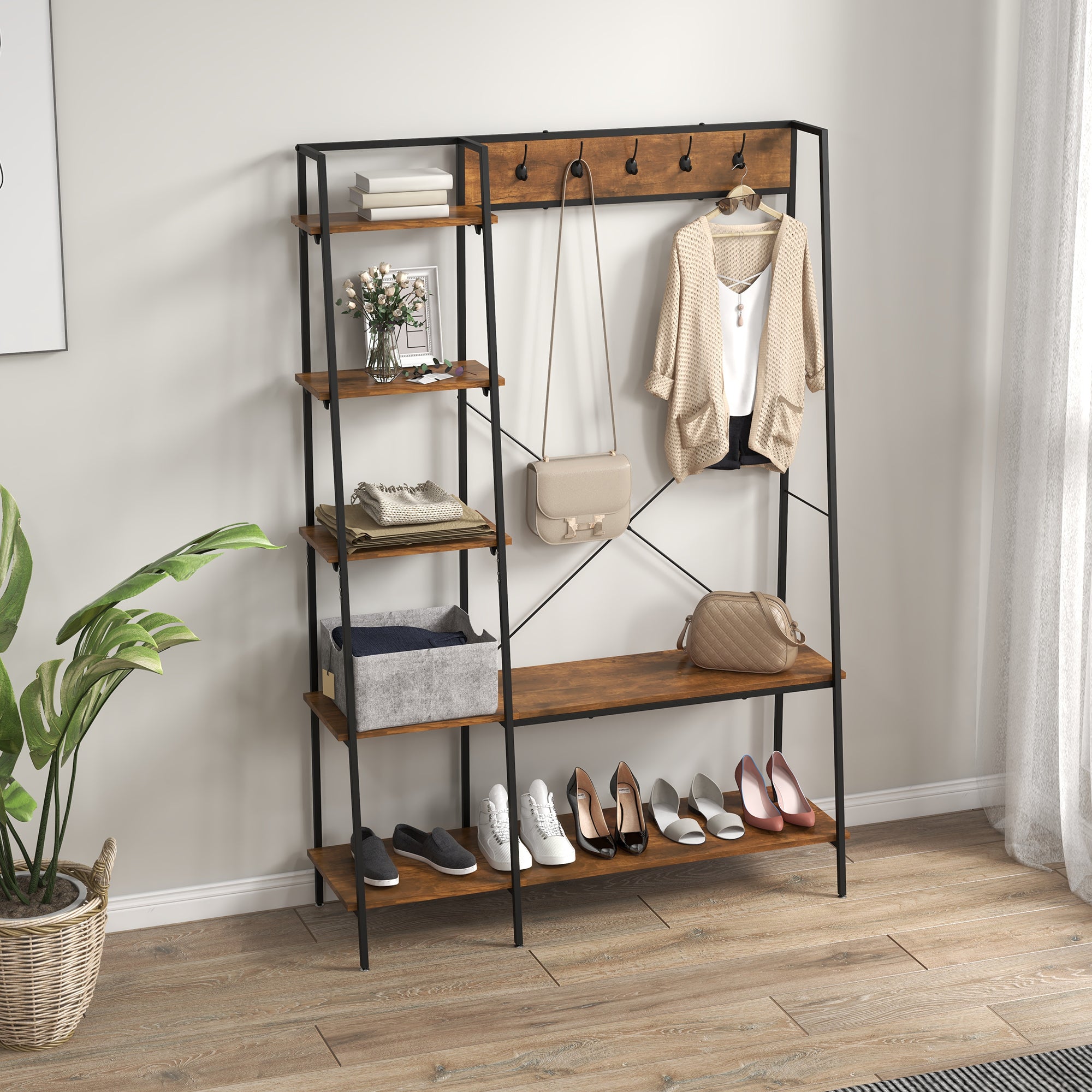 Hallway Unit, Free Standing Hall Tree w/ 2 Tier Shoe Rack, 5 Hooks, 5 Side Shelves & Steel Frame, Industrial Design, Brown, 117 x 38 x 169cm