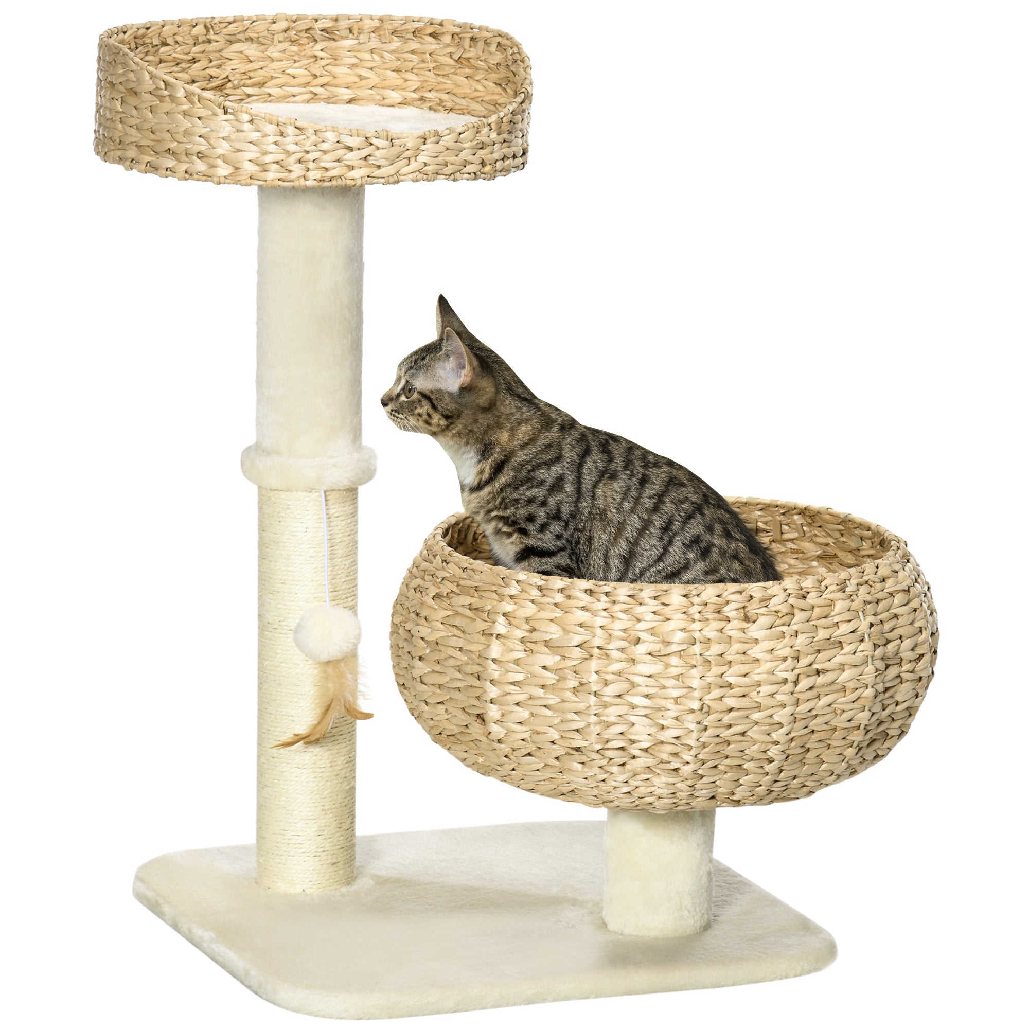 72cm Cat Tree, Kitty Activity Center, Cat Climbing Toy, Cat Tower with 2 Cattail Beds Ball Toy Sisal Scratching Post, Beige