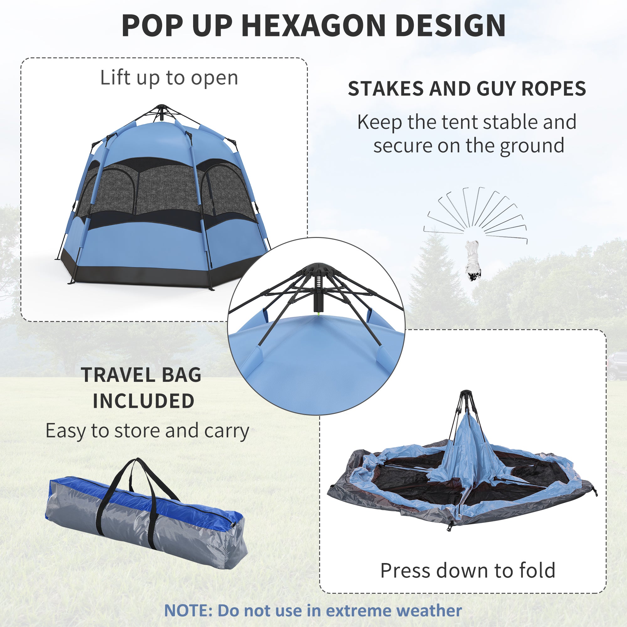 4-Person Double Layer Hexagon Dome Pop Up Camping Tent with Rainfly and Welded Floor - Blue and Black