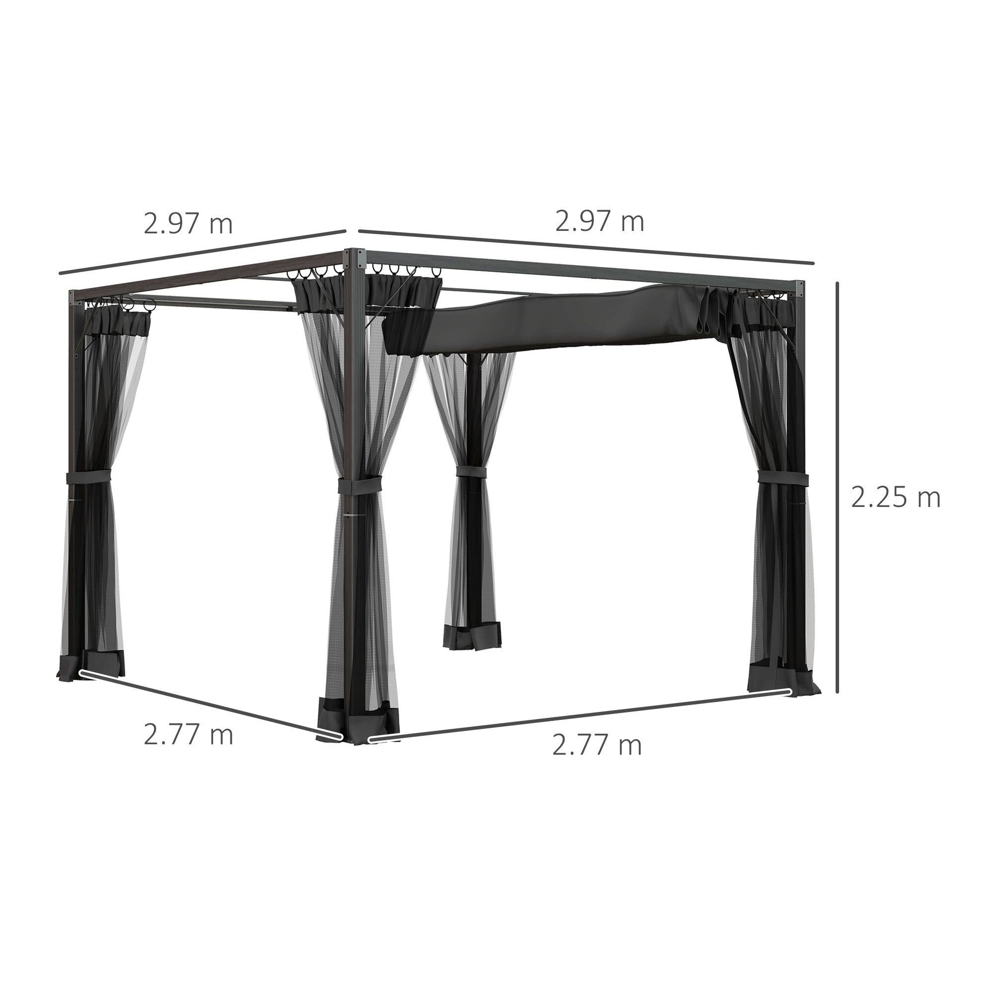 3 x 3 m Retractable Pergola, Garden Gazebo Shelter with Nettings, for Grill, Patio, Deck, Dark Grey