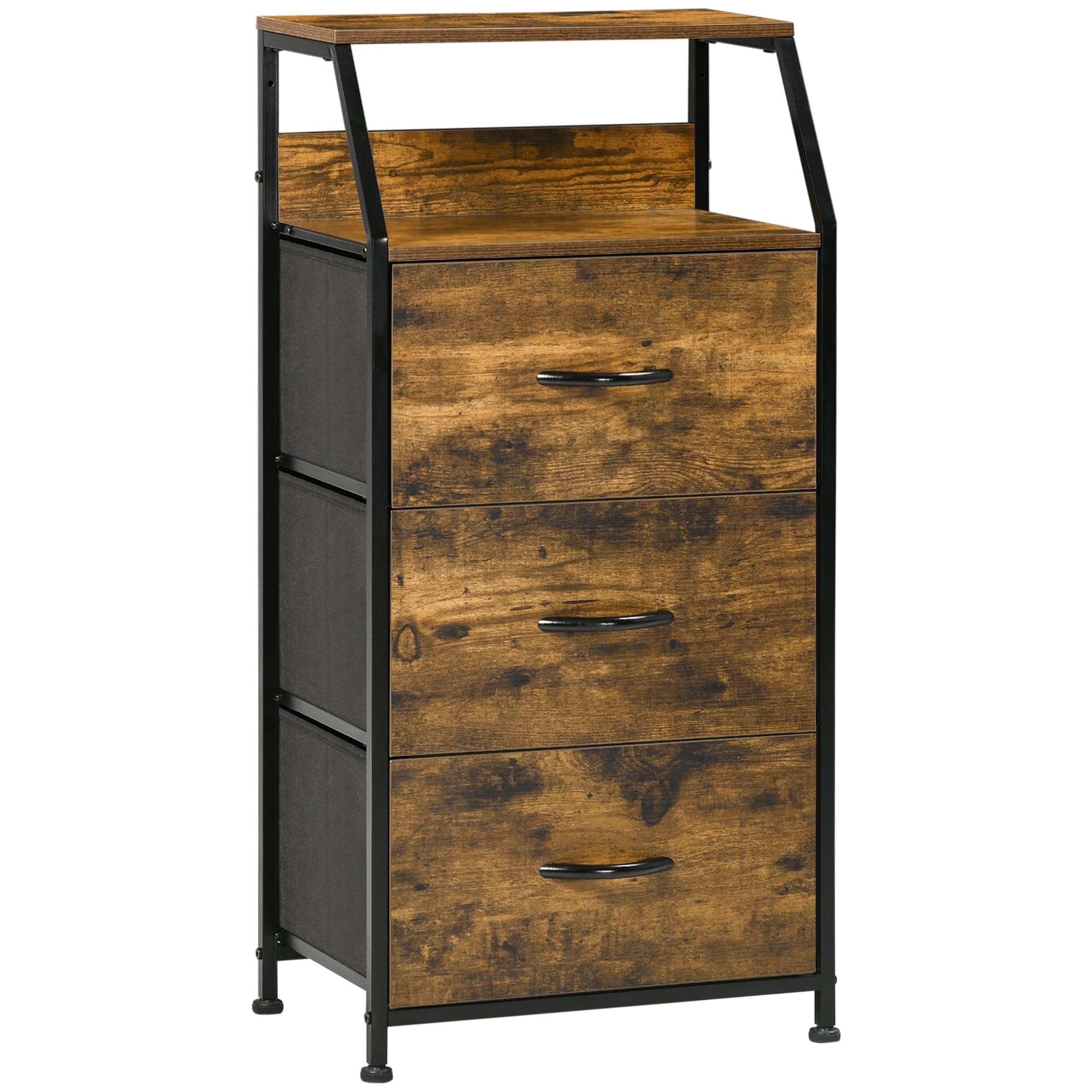 Industrial Storage Cabinet, Fabric Chest of Drawers with Display Shelves, 3 Drawers Storage Unit for Living Room, Rustic Brown