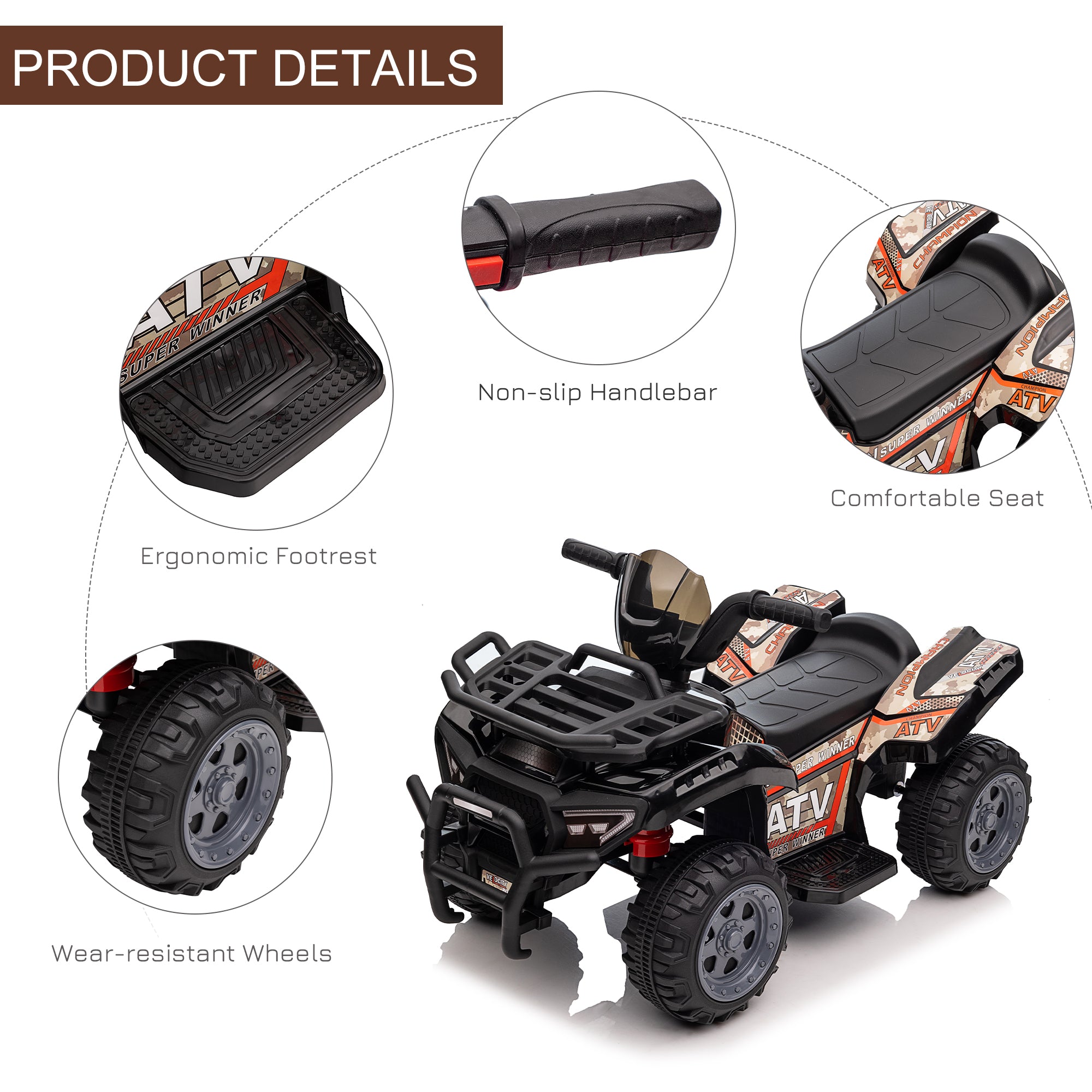 Kids Ride-on Four Wheeler ATV Car with Real Working Headlights, 6V Battery Powered Motorcycle for 18-36 Months, Black