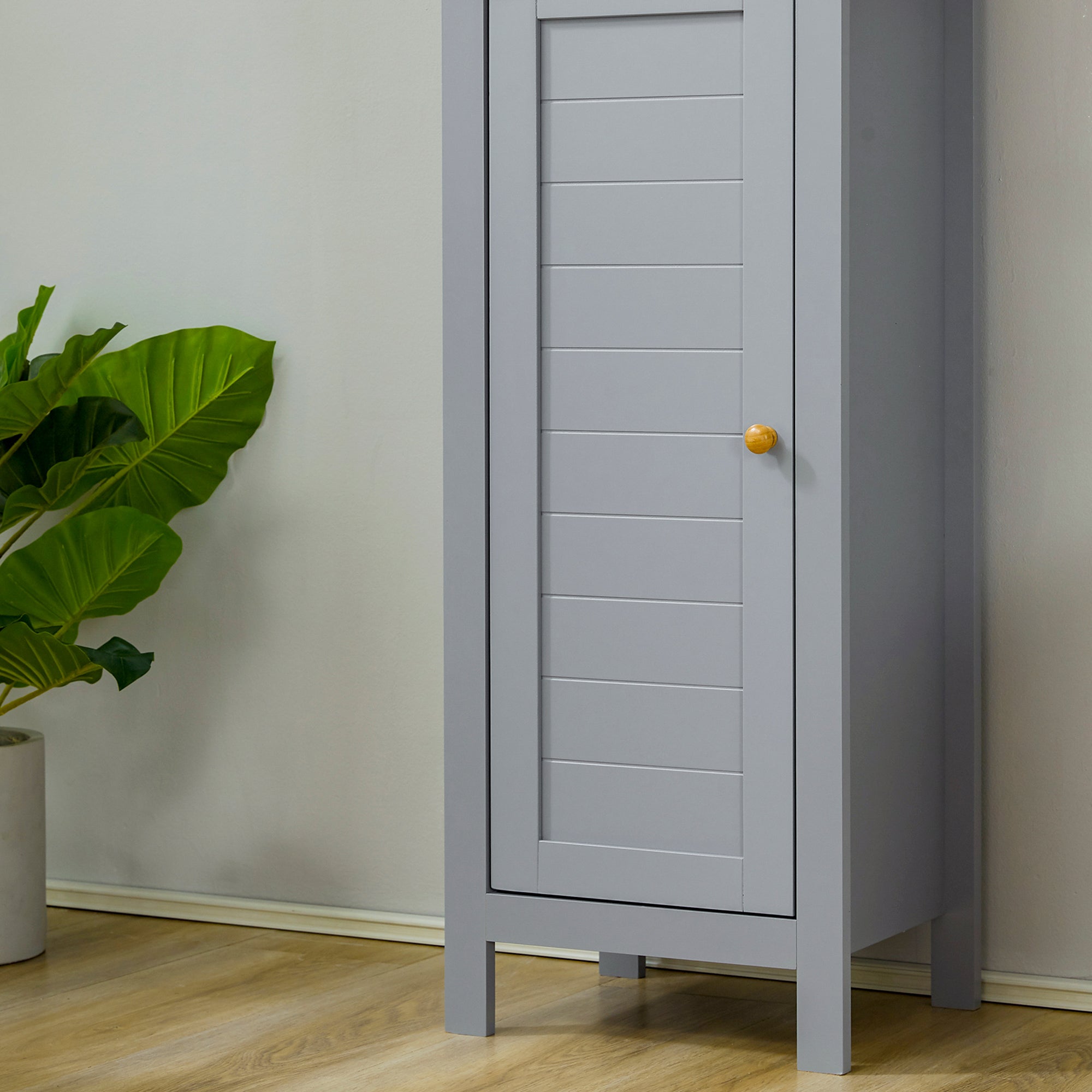 Bathroom Floor Storage Cabinet with 3 Tier Shelf and Cupboard with Door, Free Standing Linen Tower, Tall Slim Side Organizer Shelves, Grey