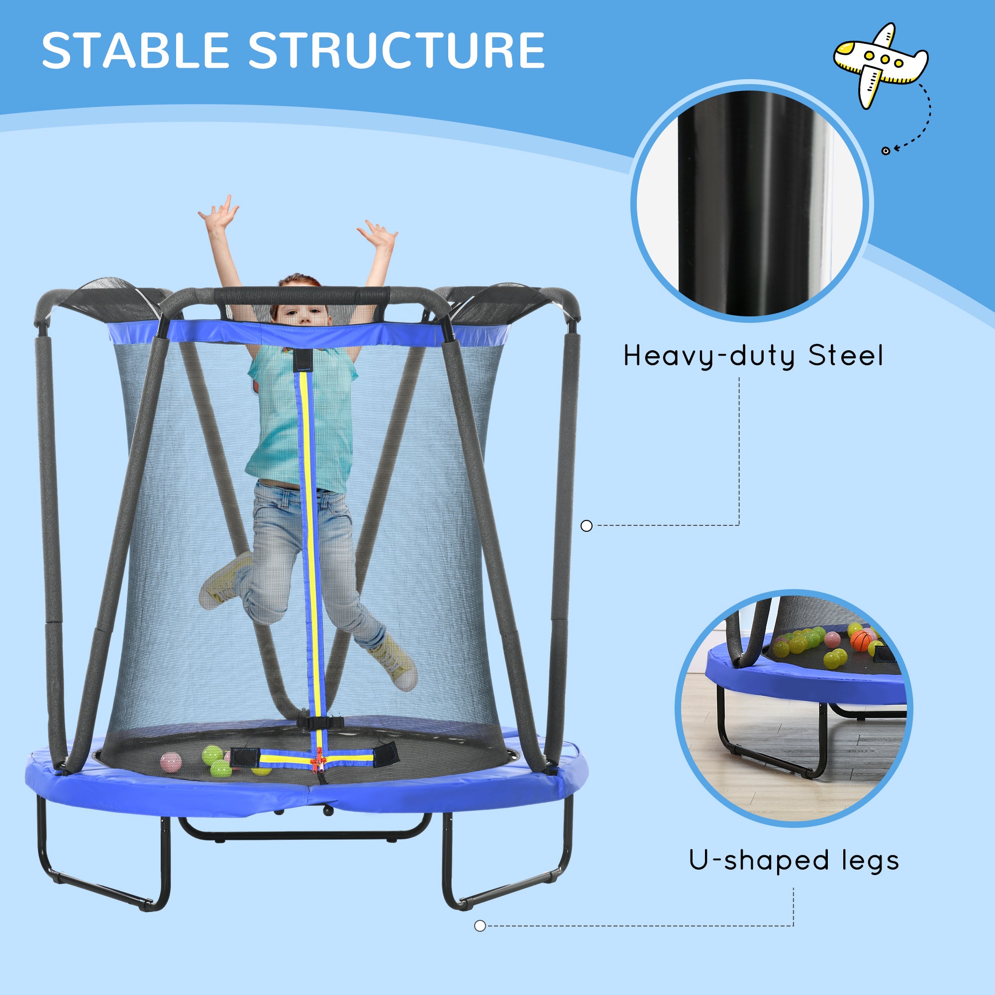 4.6 FT Kids Trampoline with Enclosure, Basketball, Sea Balls, Blue