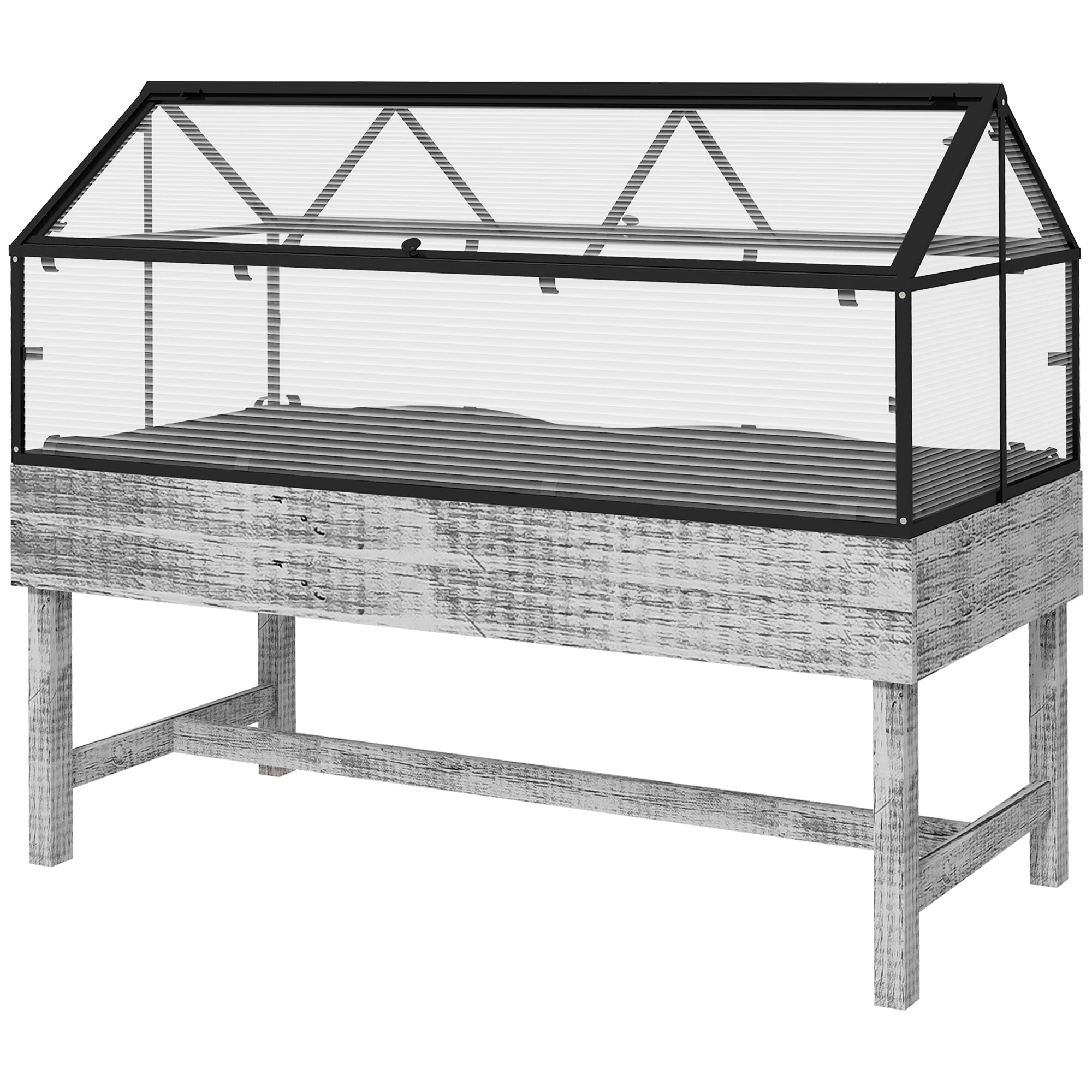 Elevated Wood Planter with Mini Greenhouse Raised Garden Bed with PC Panel Top Vent 120 x 60 x 103cm Distressed Grey