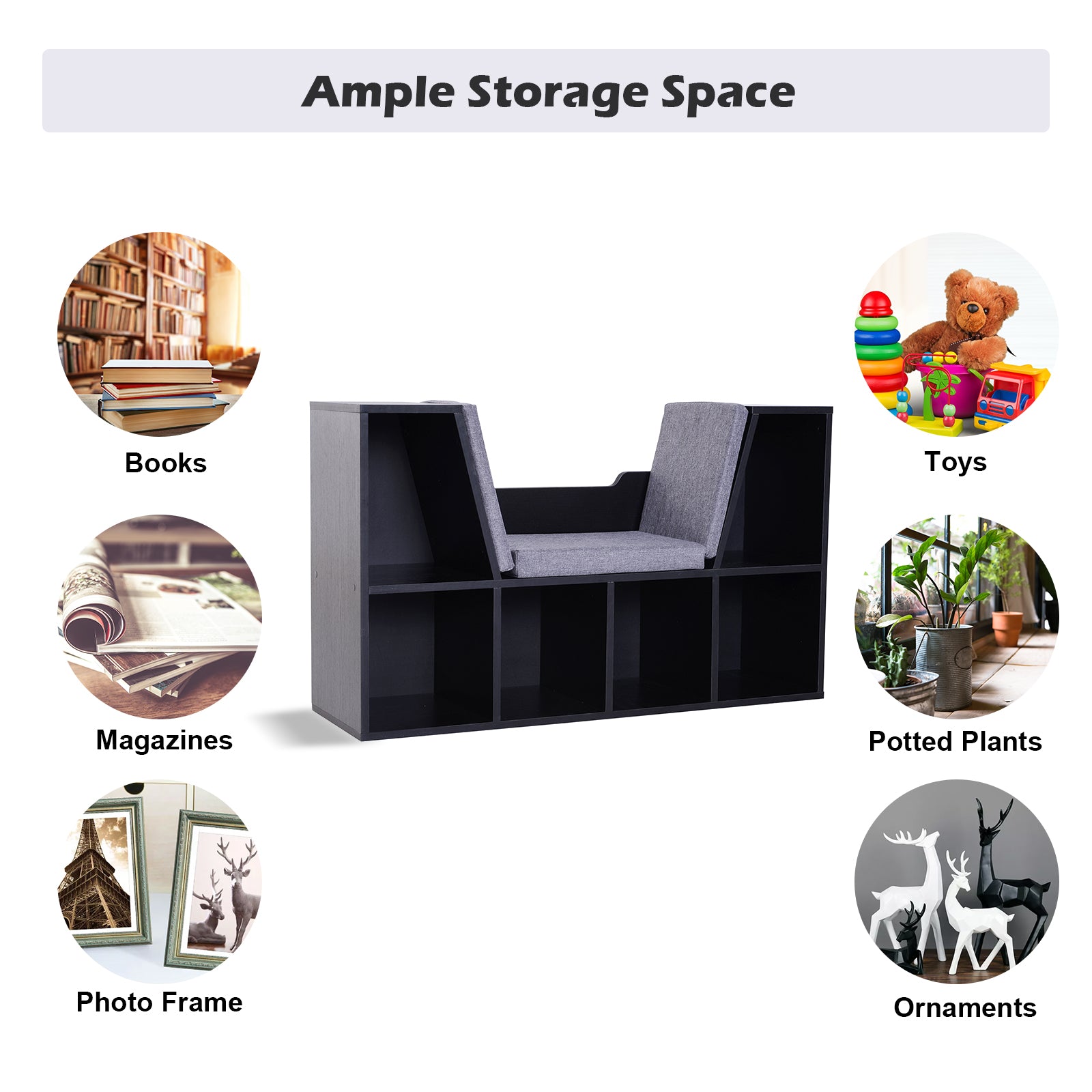 Bookcase Shelf Storage Seat with Cushion for Kids Bedroom and Living Room Organizer - Black