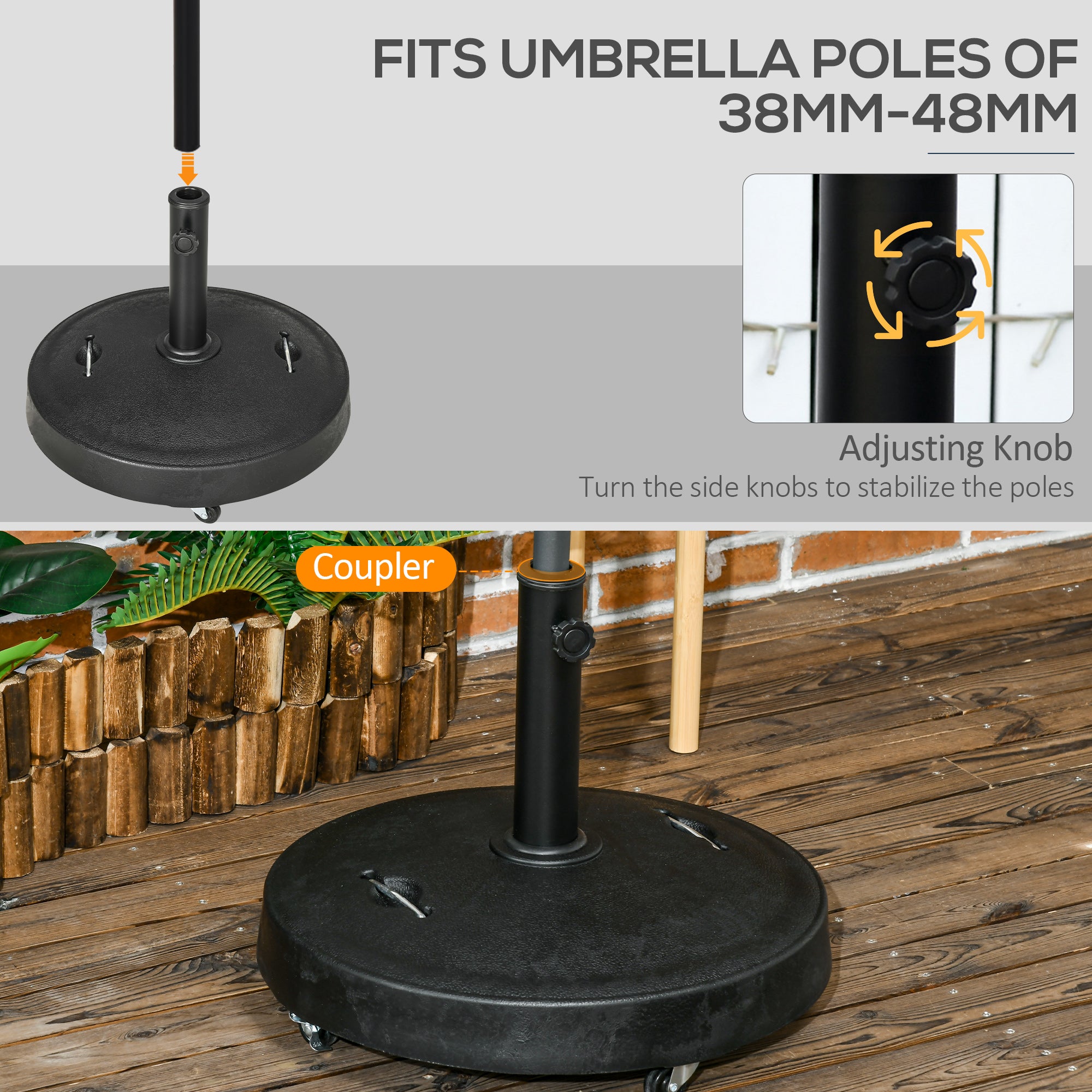 Resin Garden Parasol Base with Wheels and Retractable Handles, Round Outdoor Market Umbrella Stand Weight for Poles of ?38 - ?48mm, Black