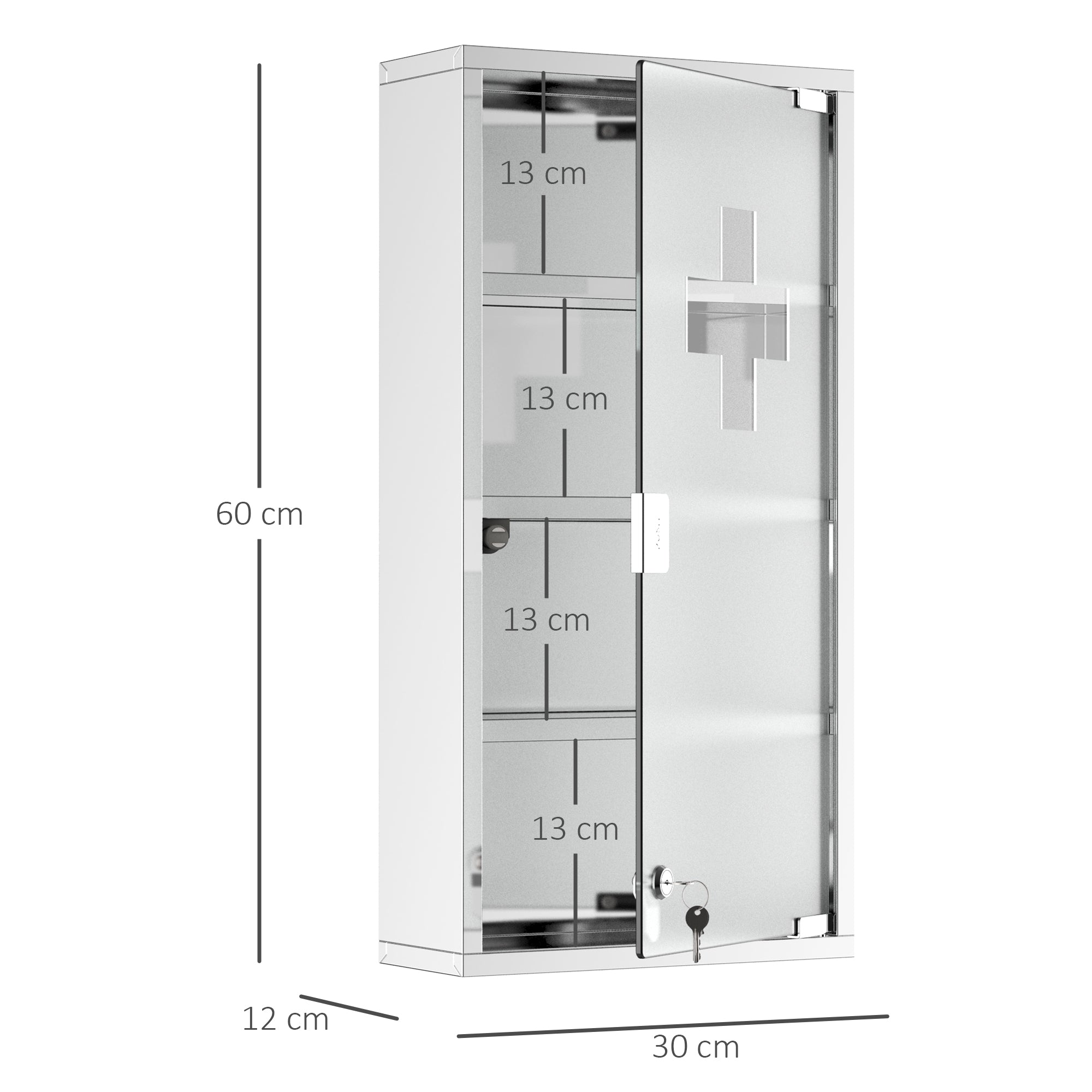 4 Tier Stainless Steel Wall Mounted Medicine Cabinet Glass Lockable Door Storage Shelves Houseware Bathroom Furniture 60Hx30Wx12D(cm)