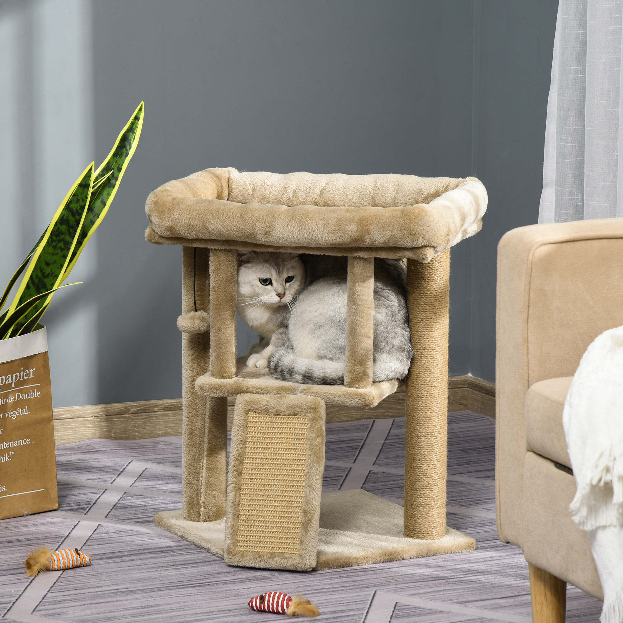 Cat tree Tower Climbing Activity Center Kitten Furniture with Jute Scratching Pad Ball Toy Condo Perch Bed Post 40 x 40 x 57cm Coffee