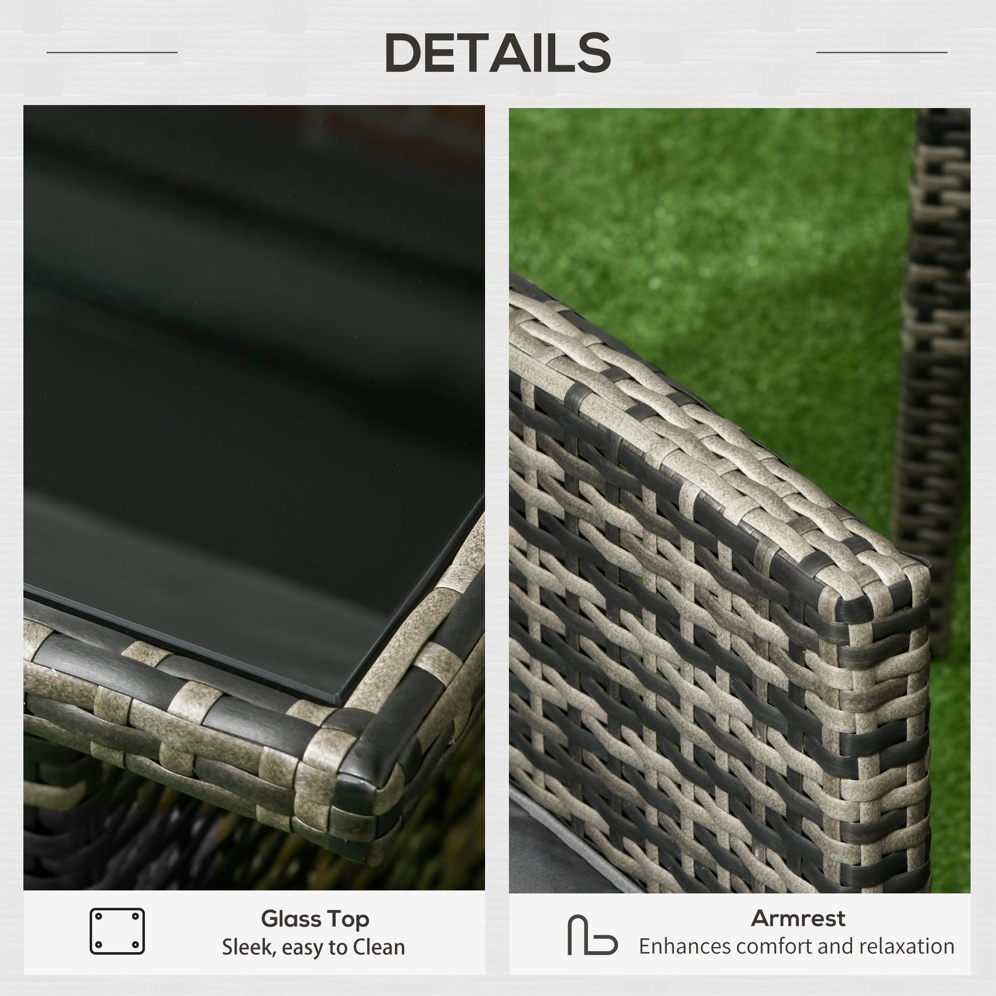 5 Seater Rattan Garden Furniture Set with 2 Armchairs, 3-Seater Sofa, 2 Footstools & Glass Table - Grey