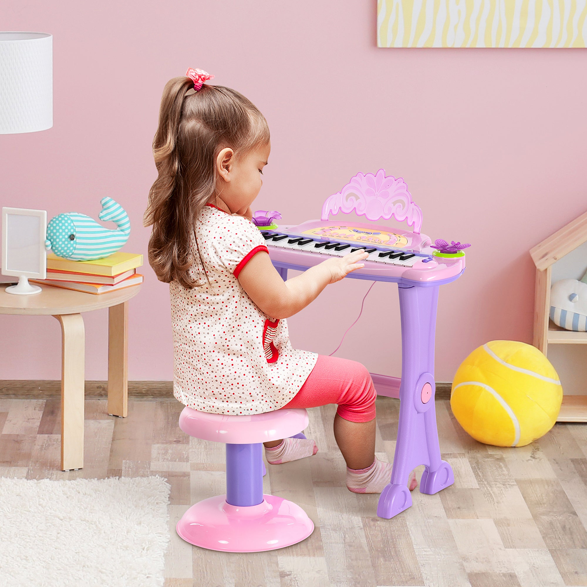 Mini Electronic Organ Piano W/Microphone and Stool-Purple/Pink