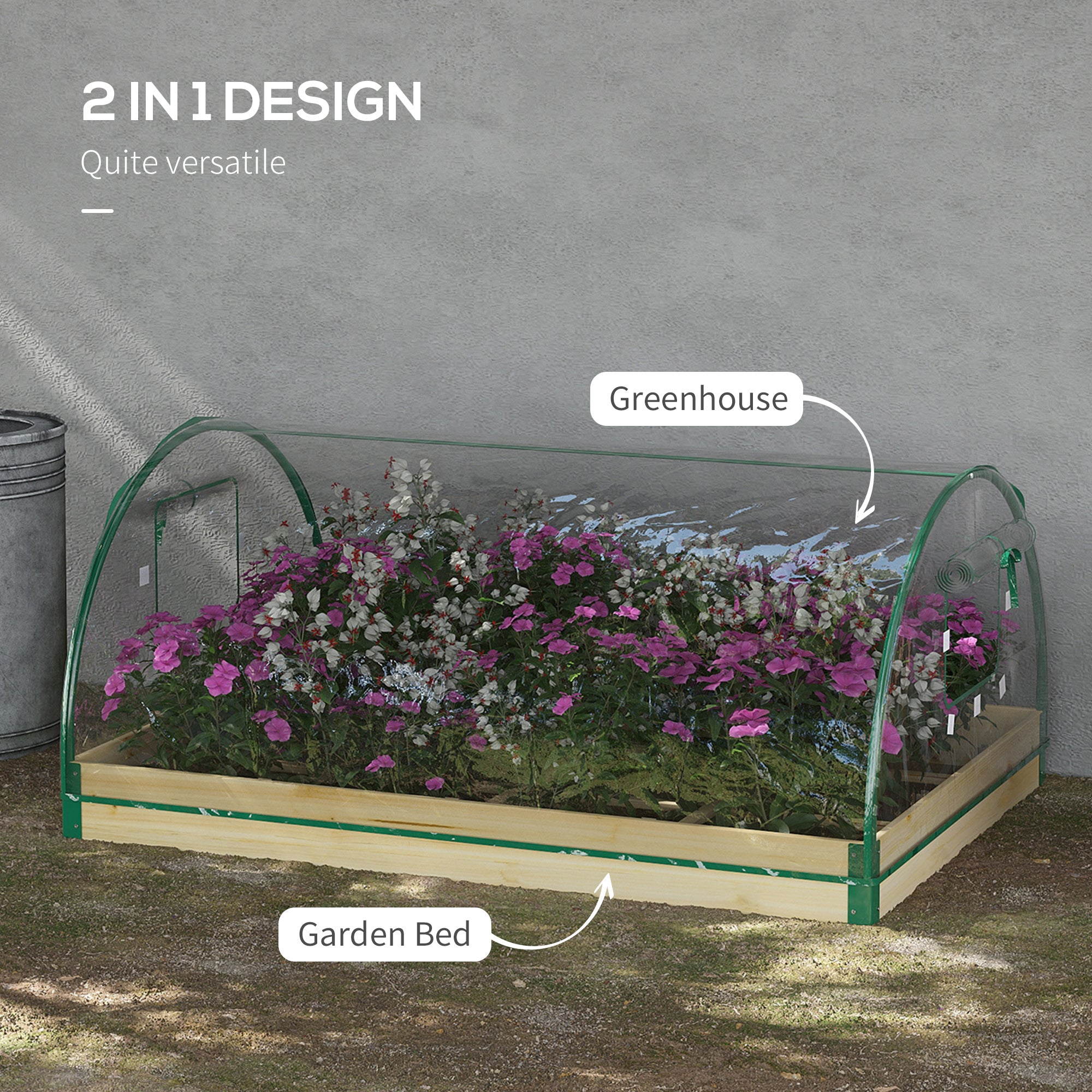 Raised Bed with Greenhouse, Wooden Garden Planter Box with PVC Cover, Roll Up Windows, Dual Use for Vegetables, Plants, Natural Wood Effect