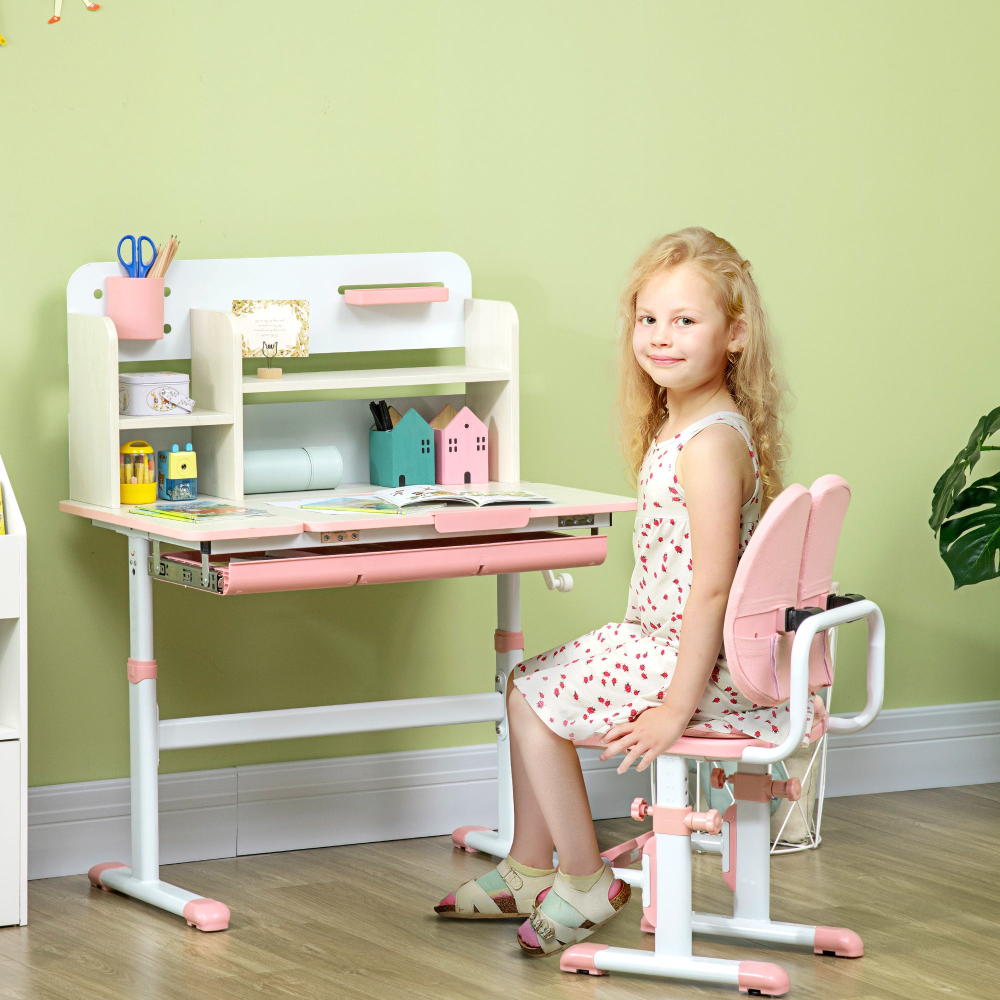 Kids Desk and Chair Set, Height Adjustable Kids School Desk & Chair Set w/ Shelves, Washable Cover, Anti-Slip Mat, for Kids 3-12, Pink