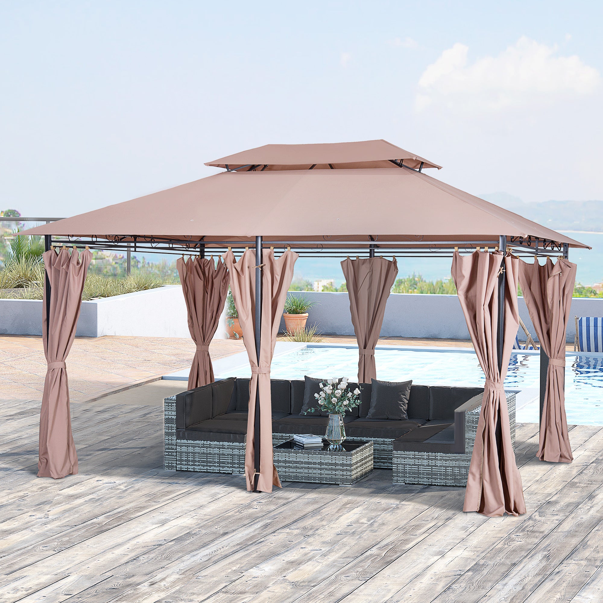 4m x 3(m) Metal Gazebo Canopy Party Tent Garden Pavillion Patio Shelter Pavilion with Curtains Sidewalls Brown