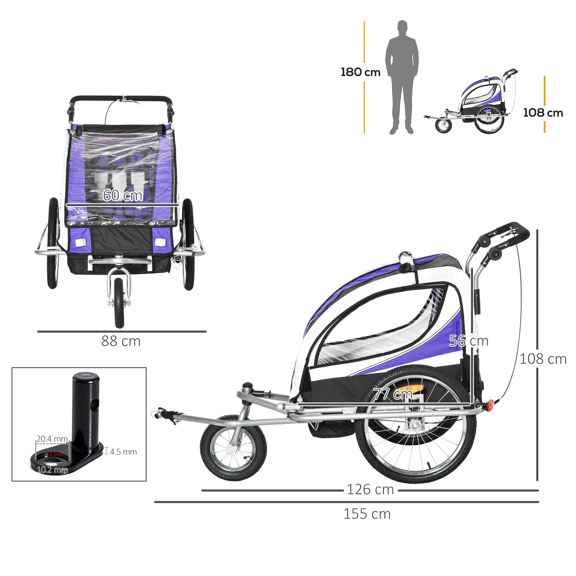 Child Bike Trailer Baby Bicycle Trailer 360° Rotatable for 2 Kids with Steel Frame LED Purple