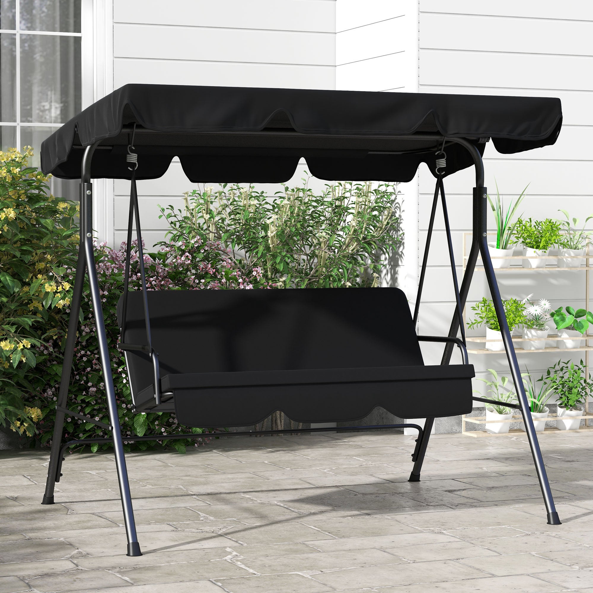 3-Seat Swing Chair Garden Swing Seat with Adjustable Canopy for Patio, Black