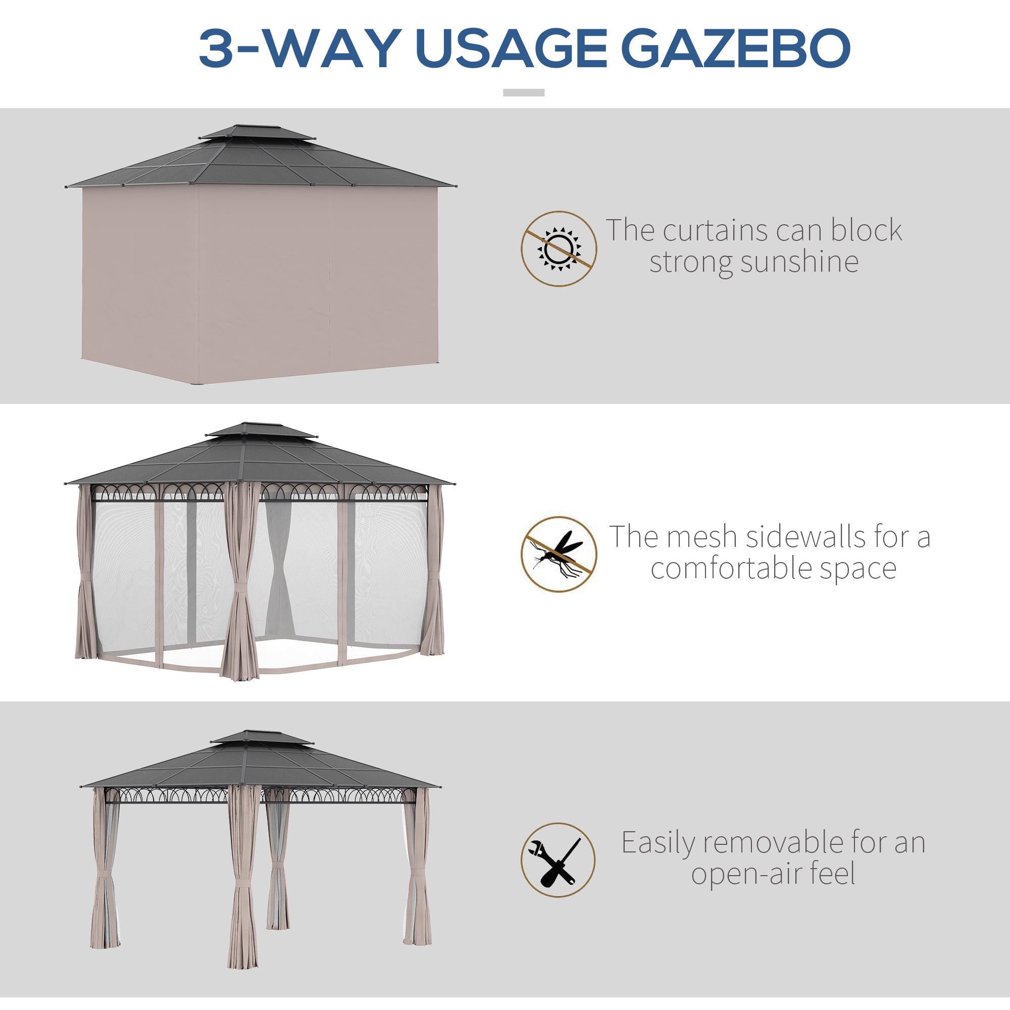 3.6 x 3 (m) Outdoor Polycarbonate Gazebo, Double Roof Hard Top Gazebo with Nettings & Curtains for Garden, Lawn, Patio