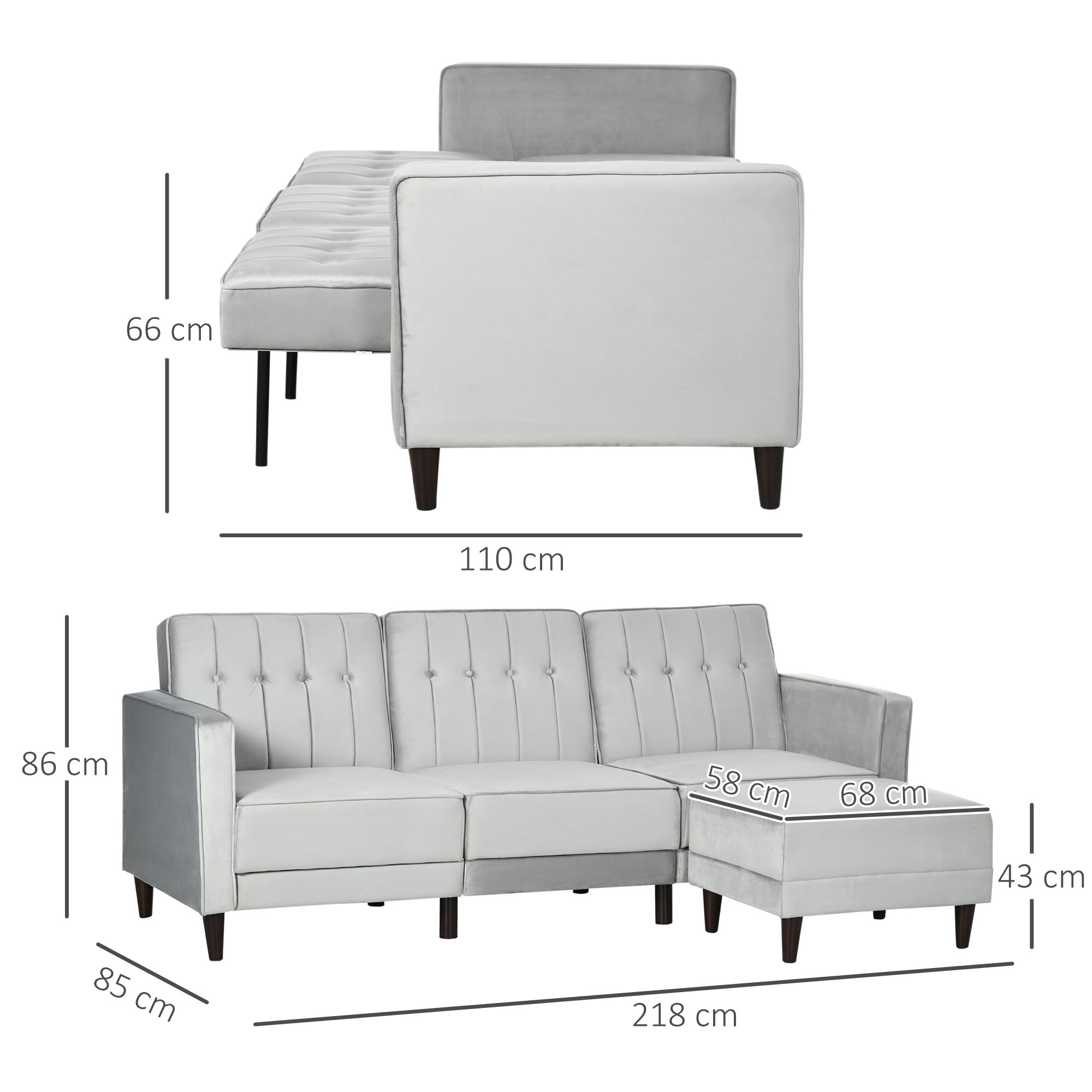 L Shape Sofa Bed Set with 3-Seater Sofa and Footstool, Corner Sofa Bed with Ottoman, Light Grey