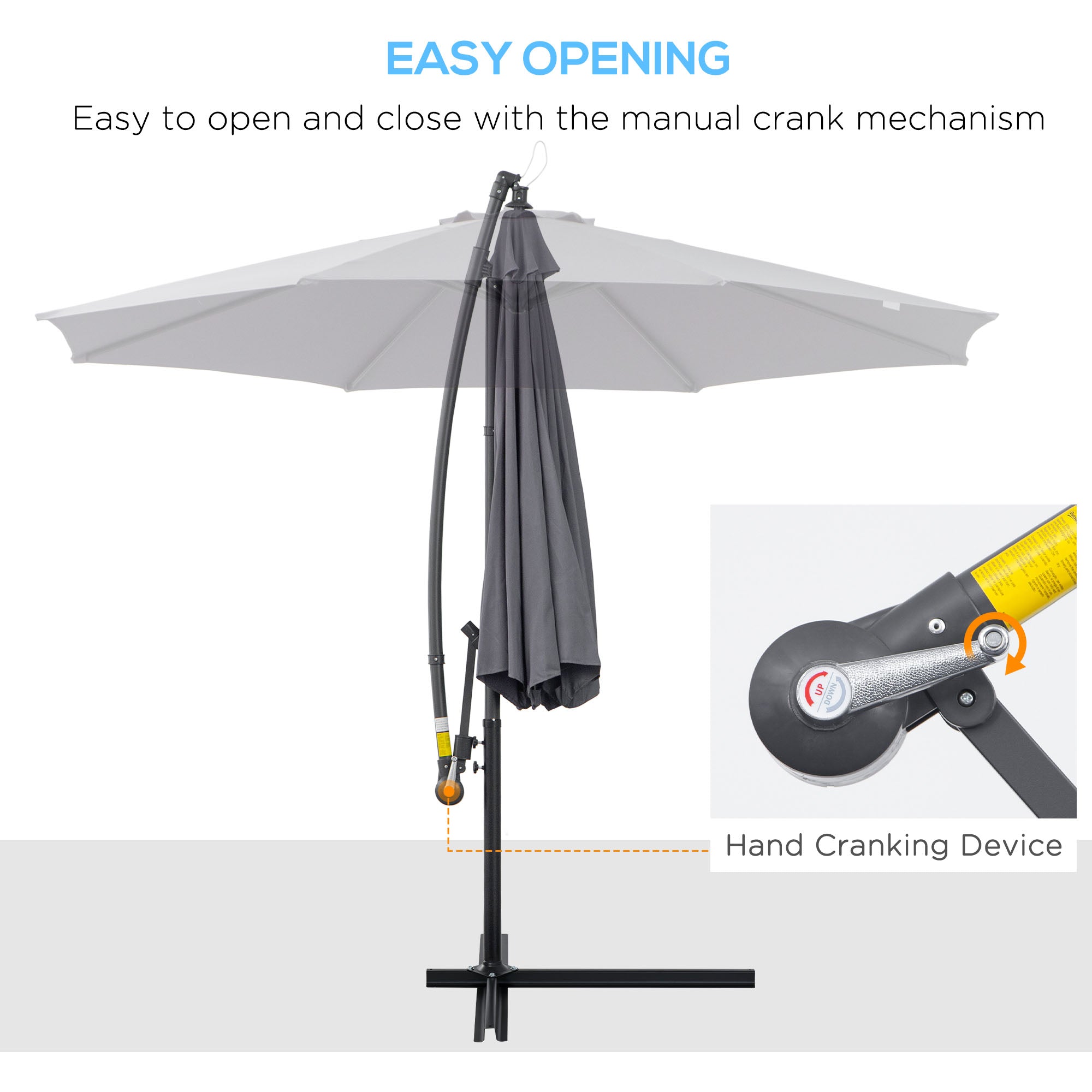 3(m) Garden Banana Parasol Cantilever Umbrella with Crank Handle and Cross Base, 8 Ribs for Outdoor, Hanging Sun Shade, Grey