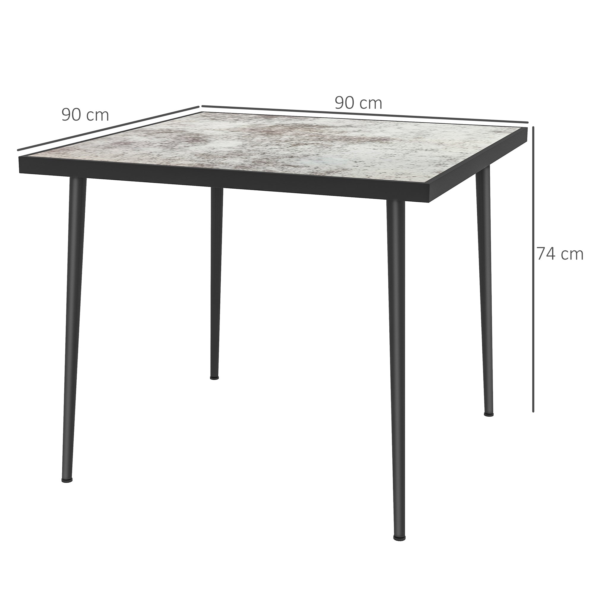 Square Garden Table, Outdoor Dining Table for 4 with Marble Effect Tempered Glass Top and Steel Frame for Patio, Grey