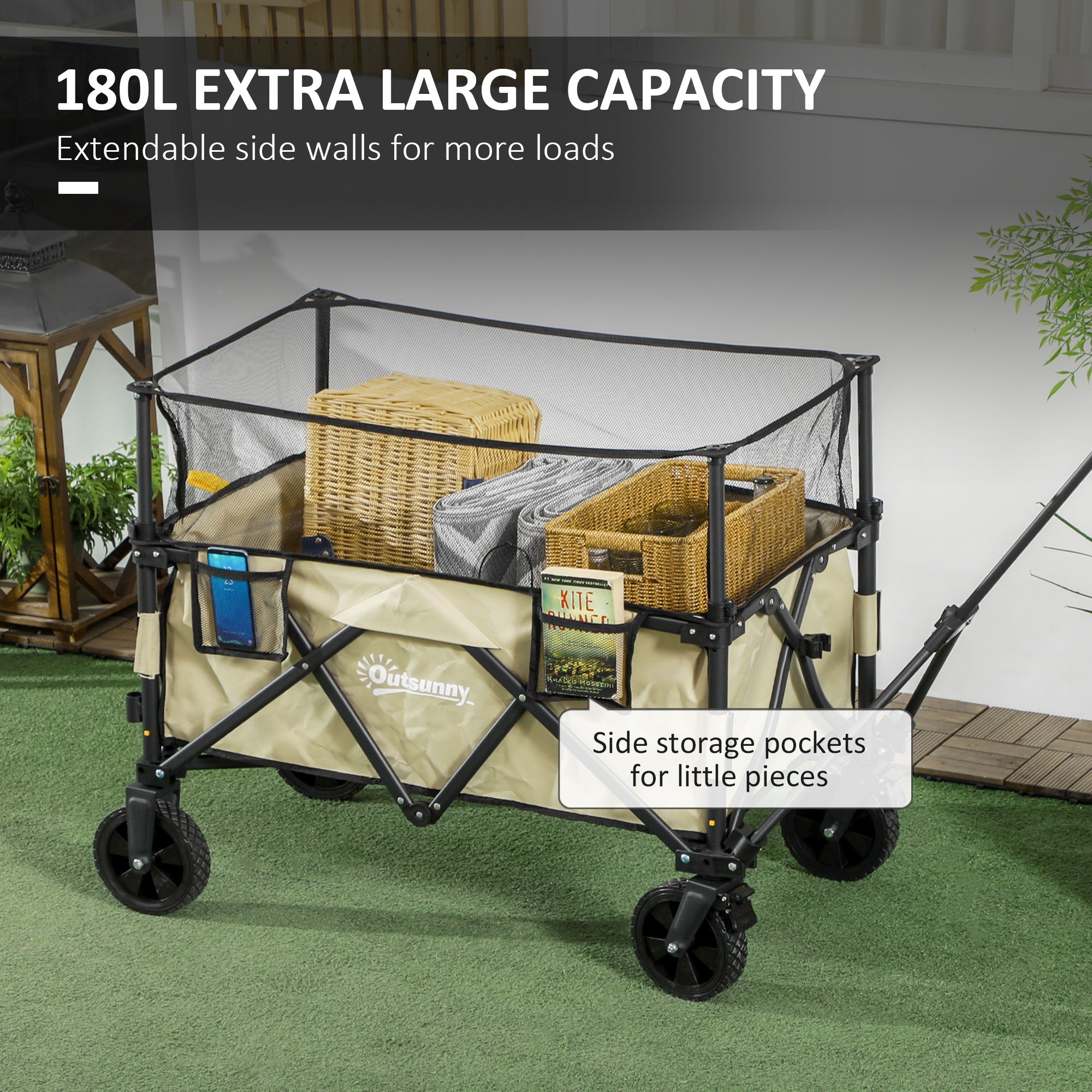 Folding Garden Trolley, 180L Wagon Cart with Extendable Side Walls, for Beach, Camping, Festival, Khaki