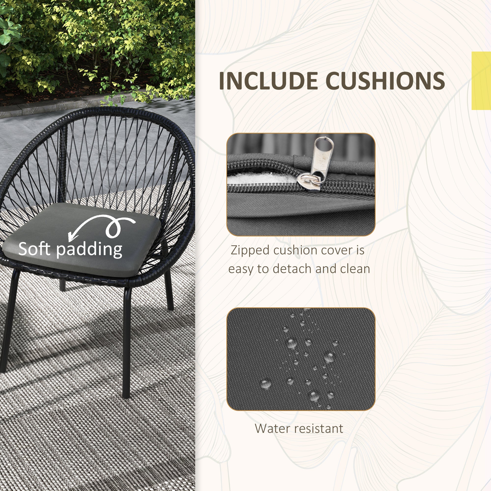 3 Piece Garden Furniture Set with Cushions, Round PE Rattan Bistro Set w/ 2 Armchairs & Metal Plate Coffee Table