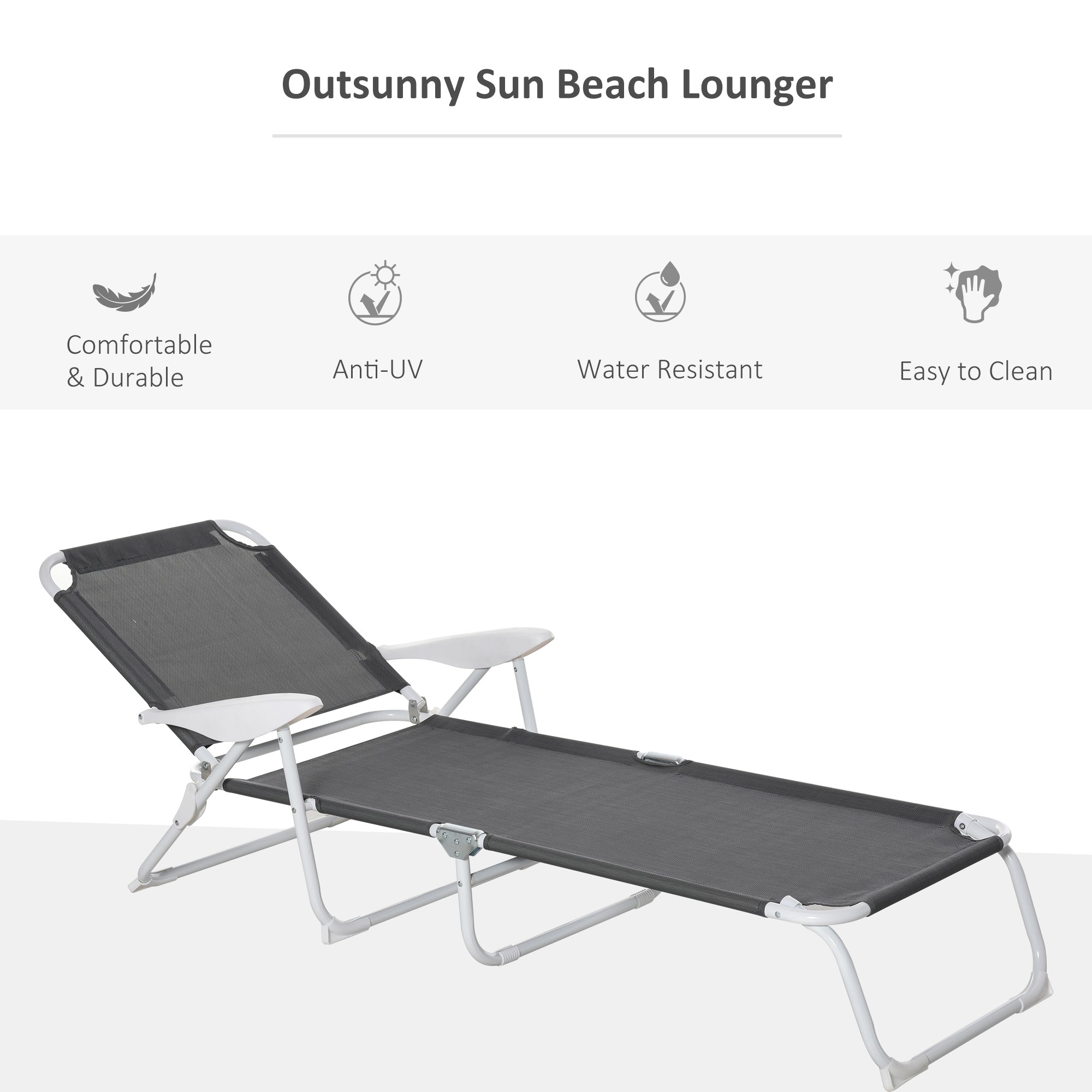 Reclining Lounge Chair with 4-Level Adjustable Backrest Folding Sun Beach Lounger for Patio Garden Grey