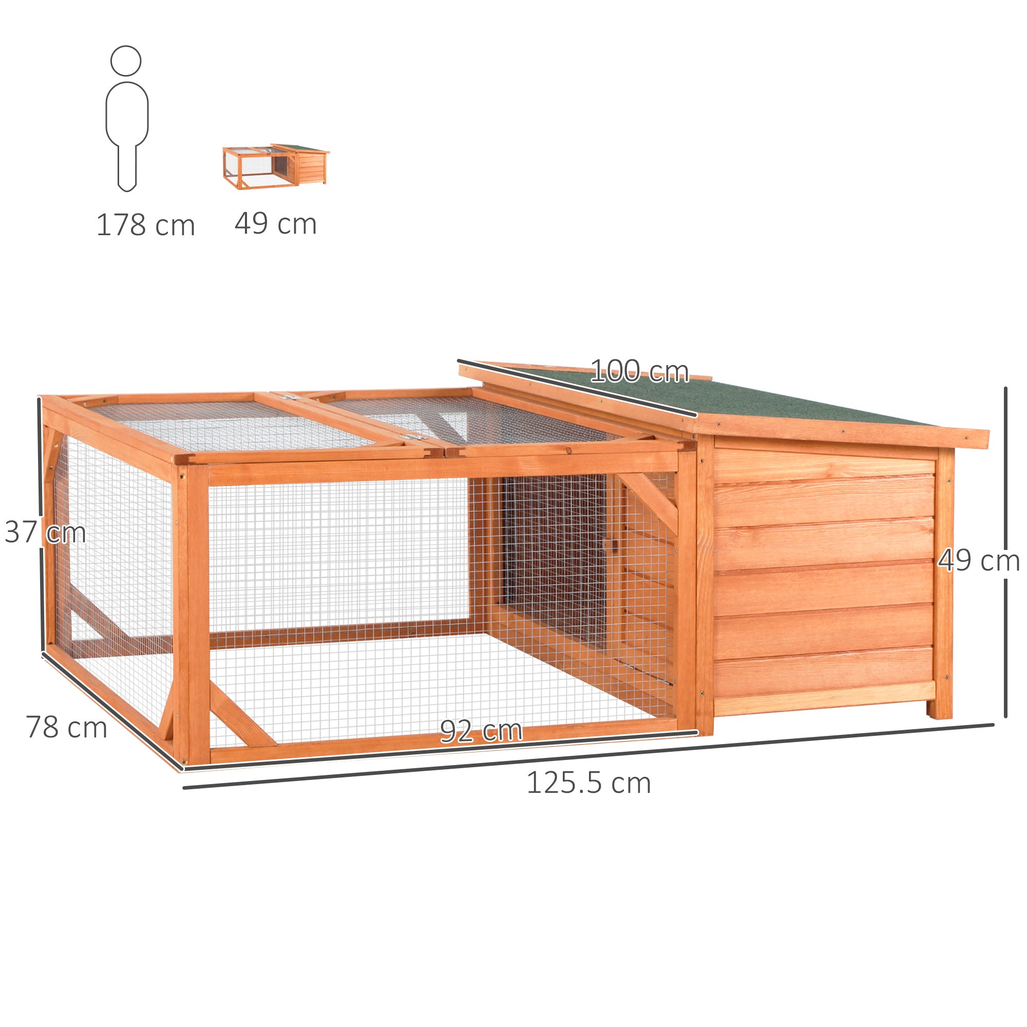 Rabbit Hutch Small Animal Guinea Pig House Off-ground Ferret Bunny Cage Backyard with Openable Main House & Run Roof 125.5 x 100 x 49cm Orange