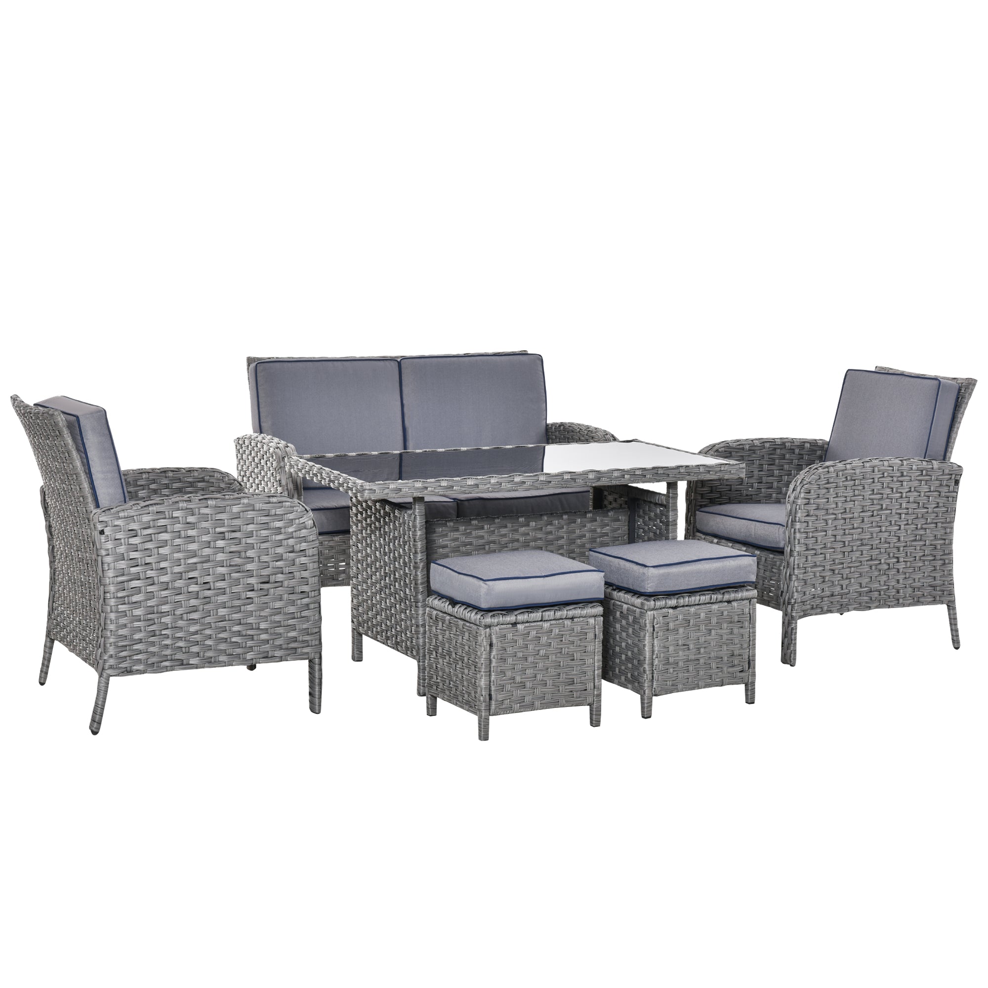 6-Seater Outdoor Patio Rattan Dining Table Sets All Weather PE Wicker Sofa Furniture Set for Backyard Garden w/ Cushions Grey