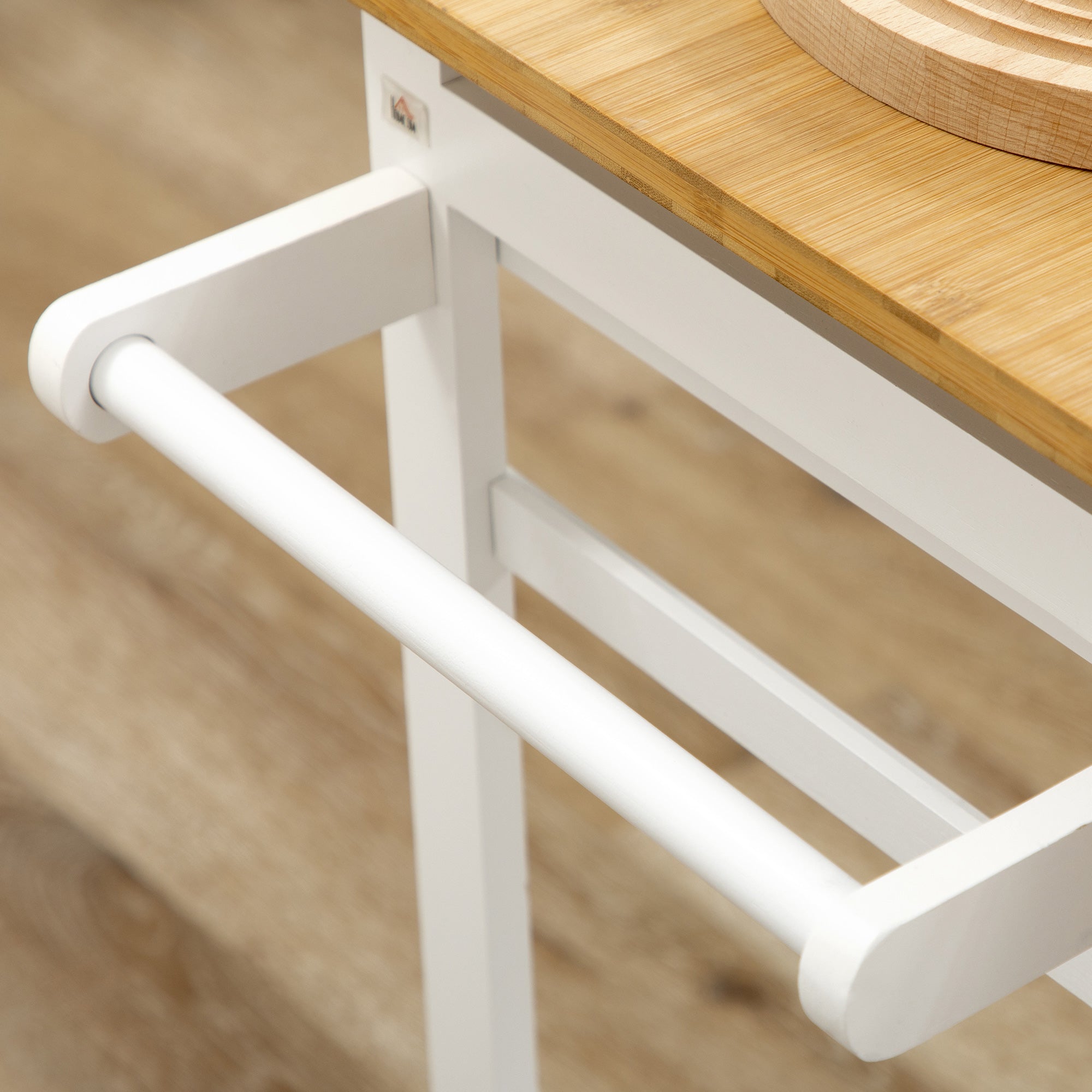 Kitchen Island Set with 2 Bamboo Stools, Drop Leaf Cart with Drawers & Towel Rack - White