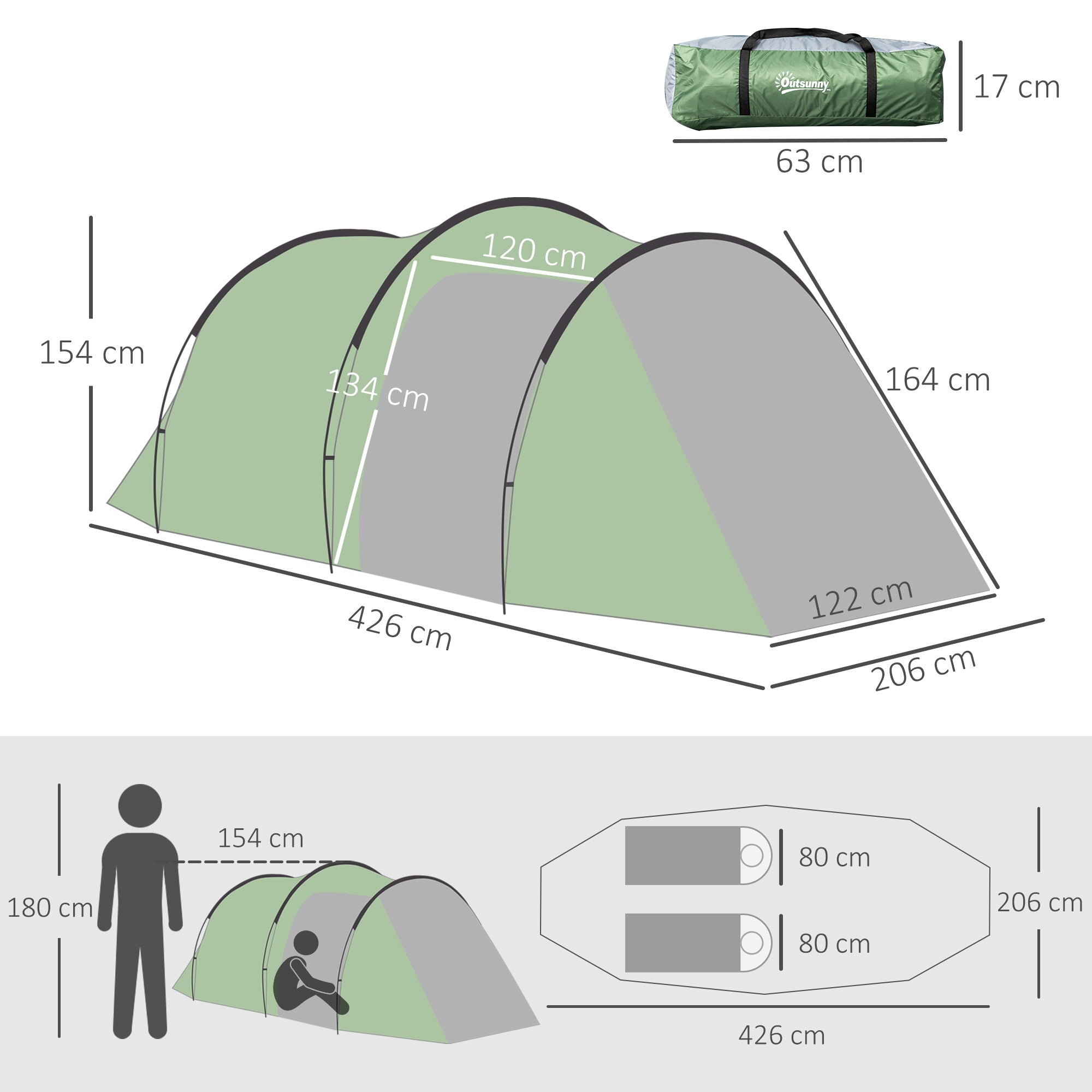 Tunnel Tent, 2-3 Person Camping Tent with Sewn-in Groundsheet, Air Vents, Rainfly, 2000mm Water Column, Green