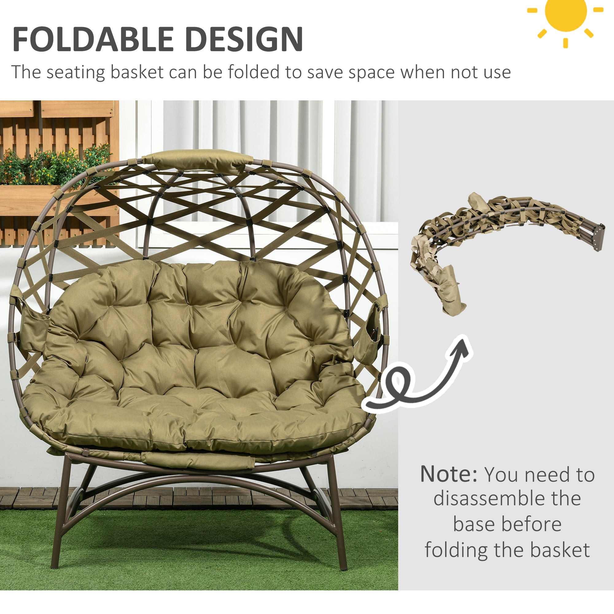 2 Seater Outdoor Egg Chair with Cushions and Cup Holders - Khaki