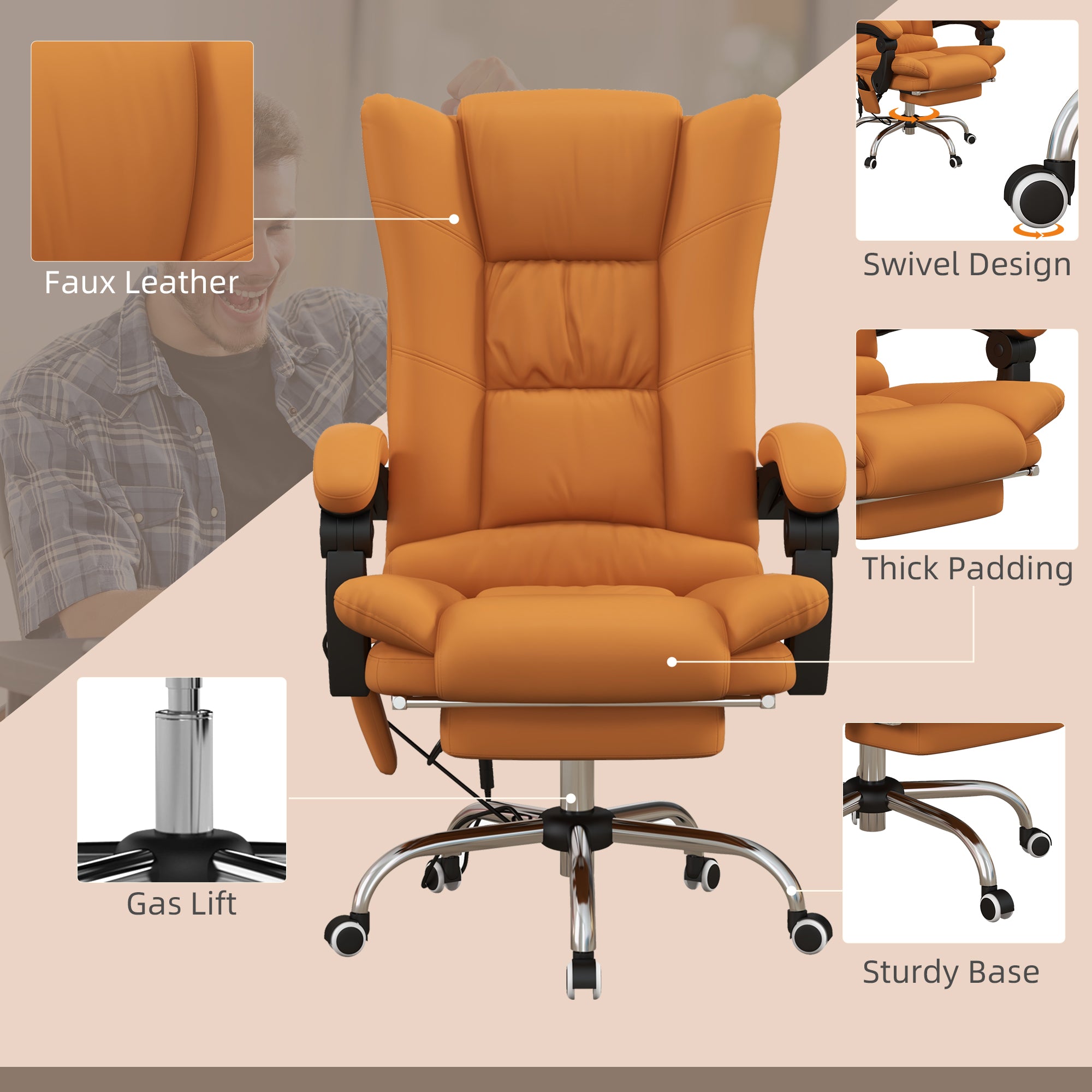 Vibration Massage Office Chair with Heat, PU Leather Computer Chair with Footrest, Armrest, Reclining Back, Light Brown