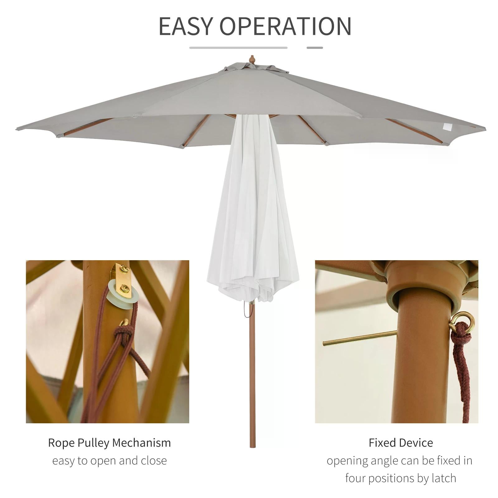 3m Fir Wooden Garden Parasol Bamboo Sun Shade Patio Umbrella Canopy - Grey