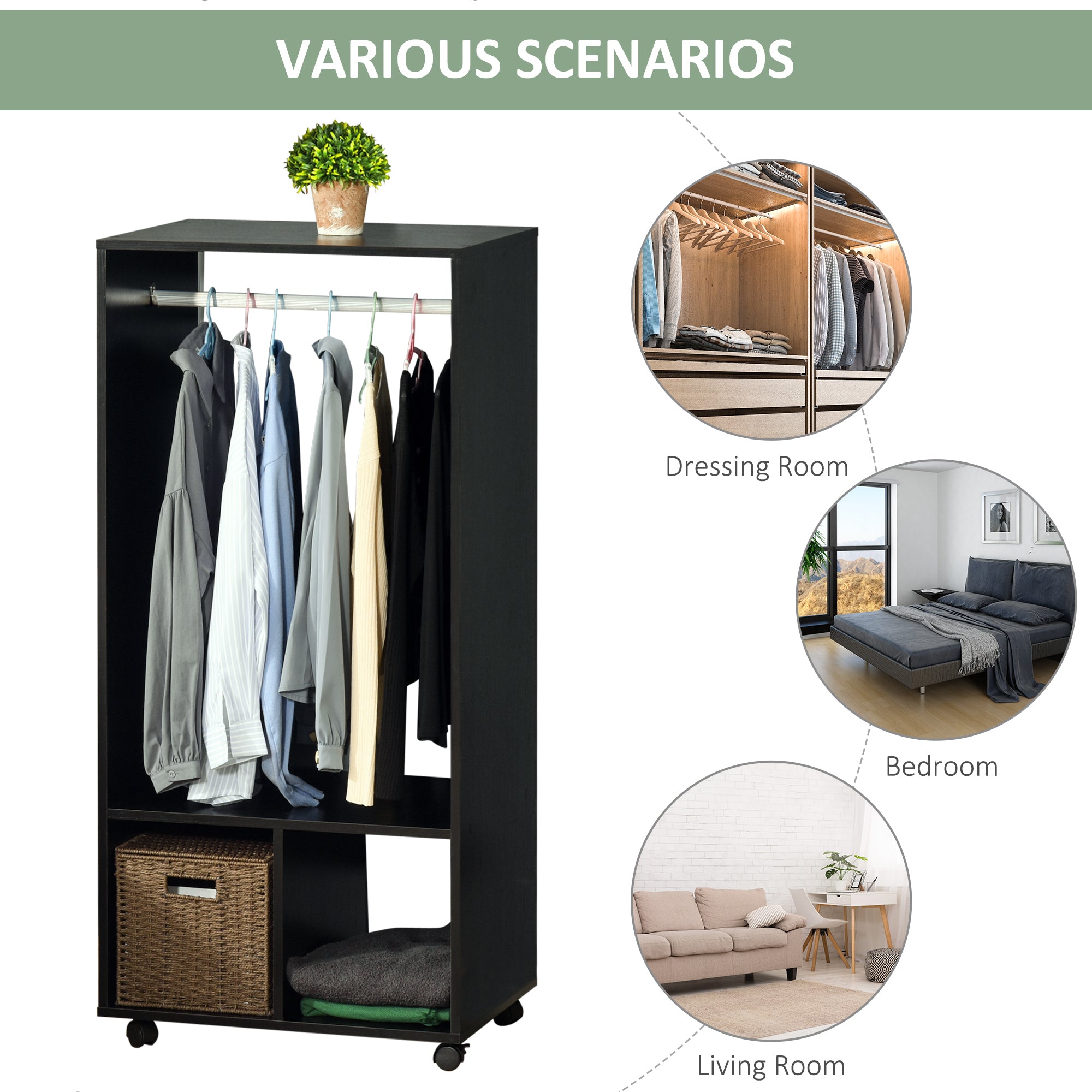 Open Wardrobe with Hanging Rod and Storage Shelves Mobile Garment Rack on Wheels Bedroom, Cloakroom, Black