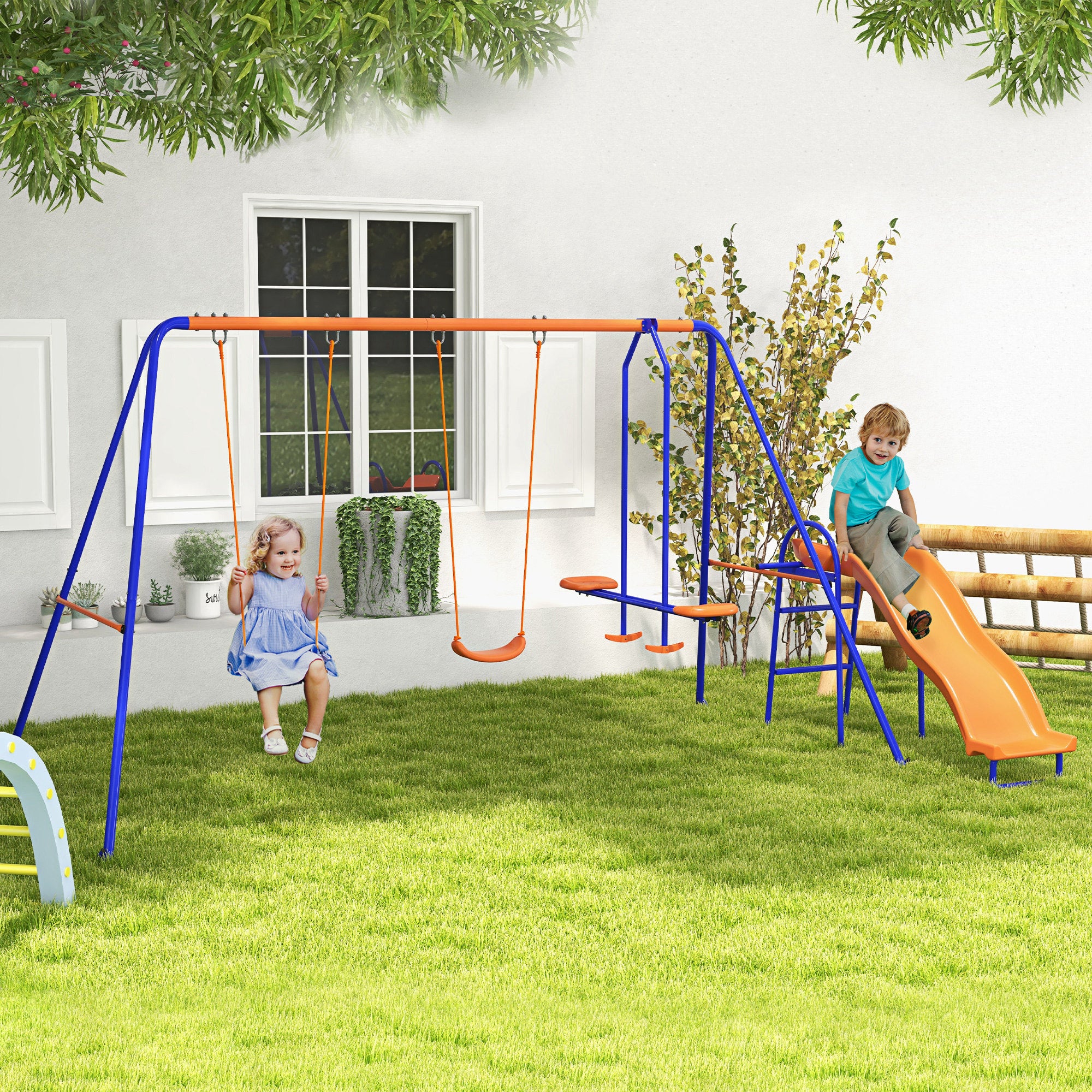 4 in 1 Metal Garden Swing Set with Double Swings Glider Slide Ladder Orange