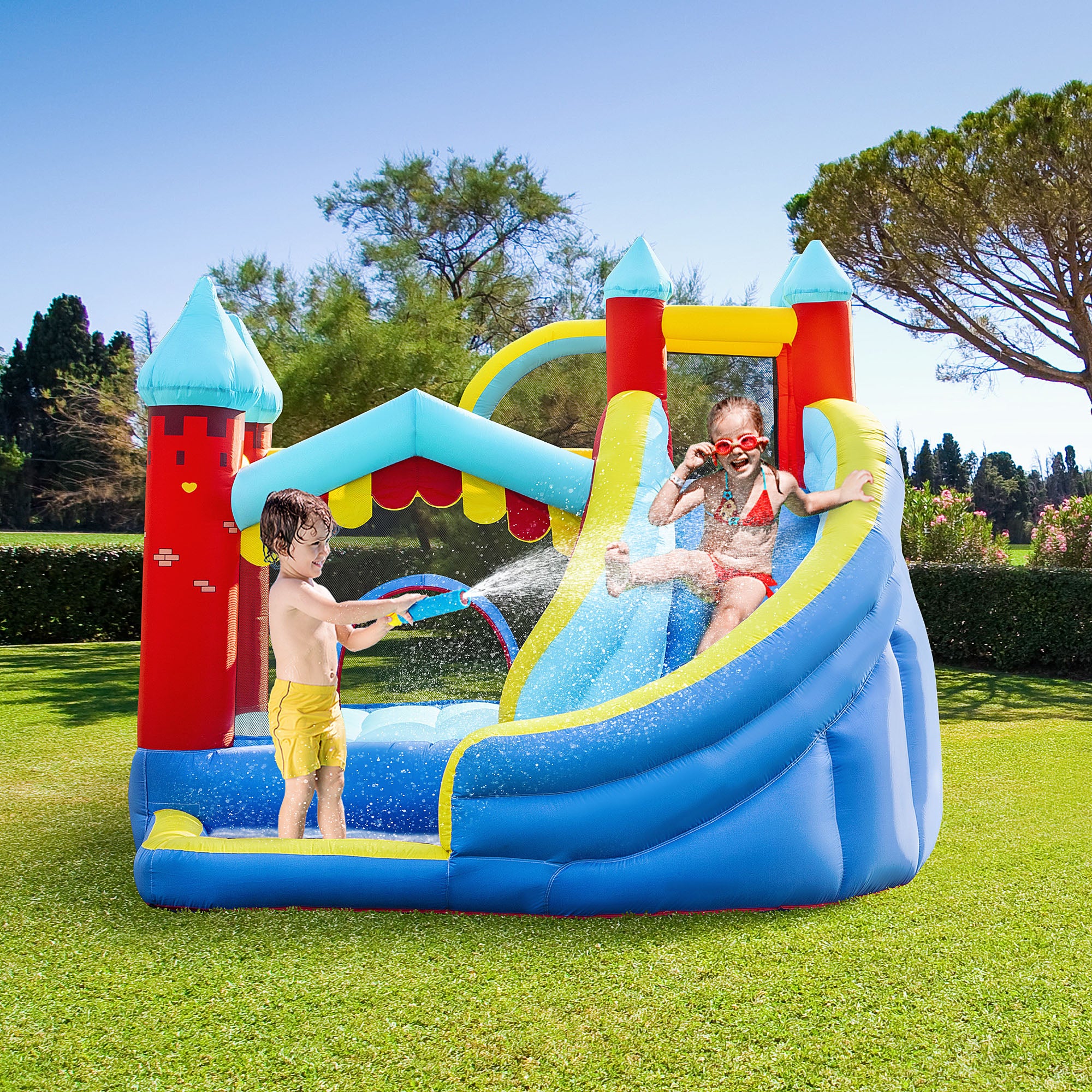 4 in 1 Kids Bounce Castle Large Inflatable House Trampoline Slide Water Pool Climbing Wall for Kids Age 3-8, 2.9 x 2.7 x 2.3m