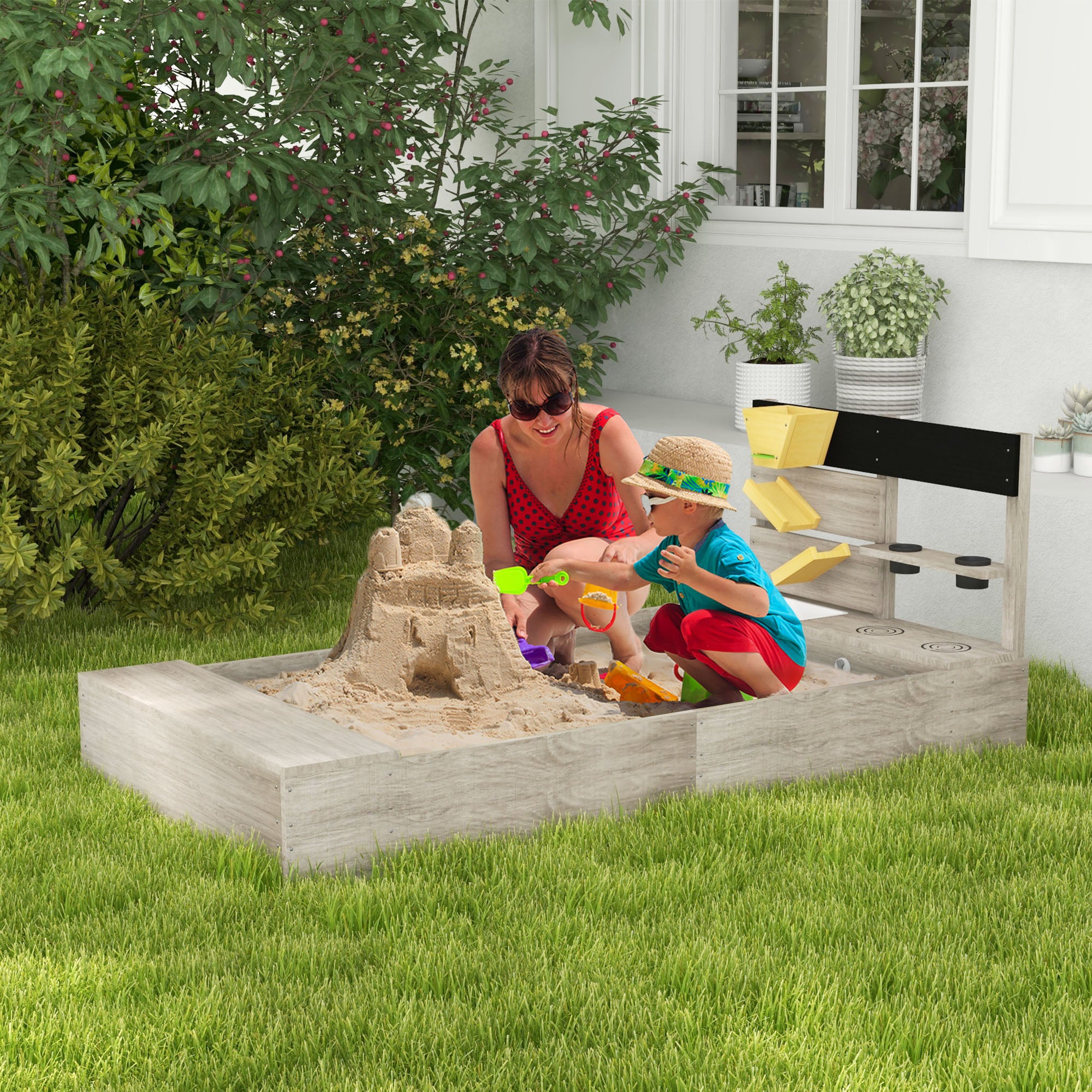 Wooden Sand Pit with Liner, Pretend Hobs, Planting Boxes, Two Seats, for Ages 3-7 Years - Grey